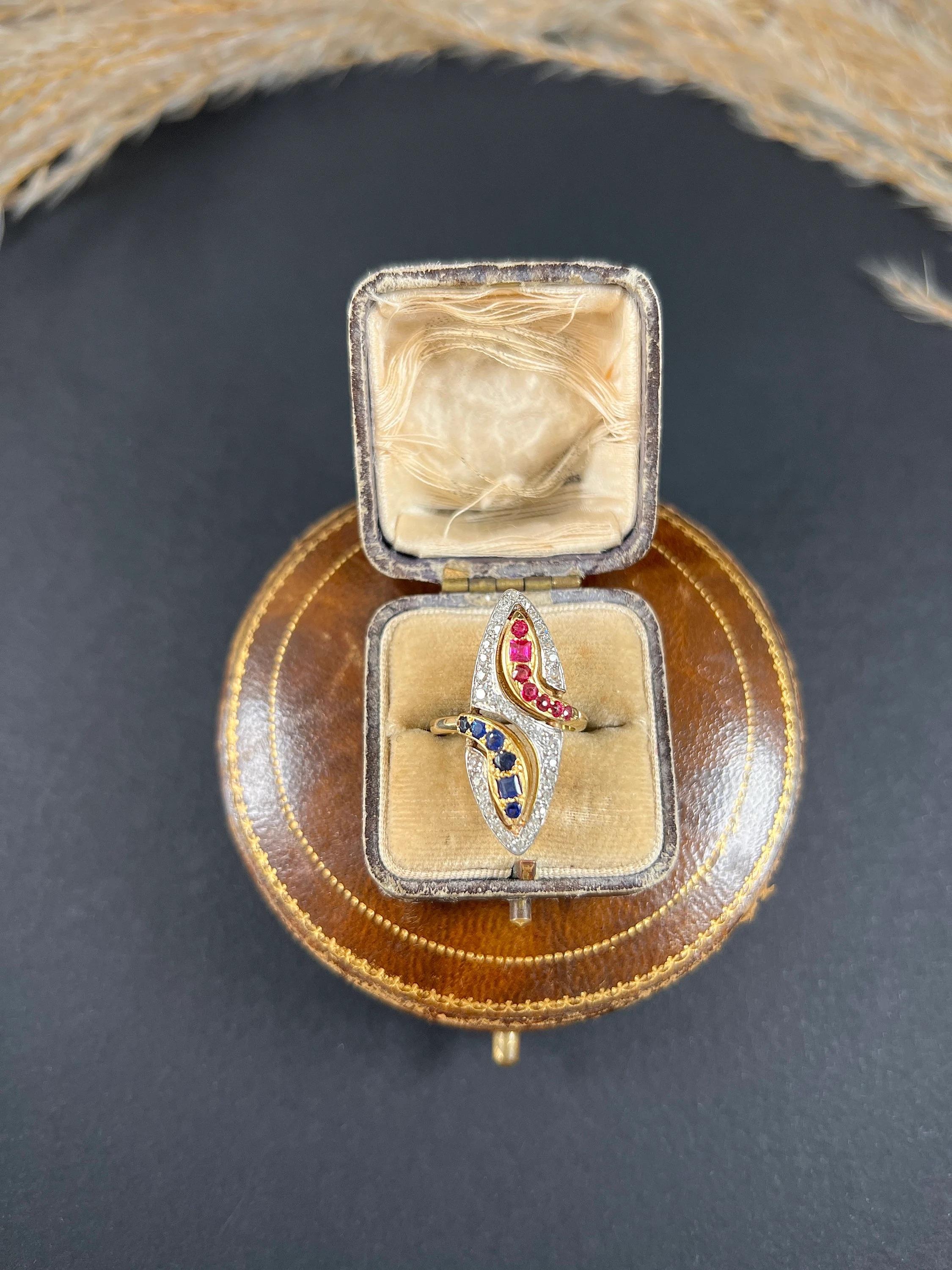 Women's or Men's 14ct Yellow Gold 1950s Double Headed Ruby Sapphire & Diamond Marquise Snake Ring For Sale