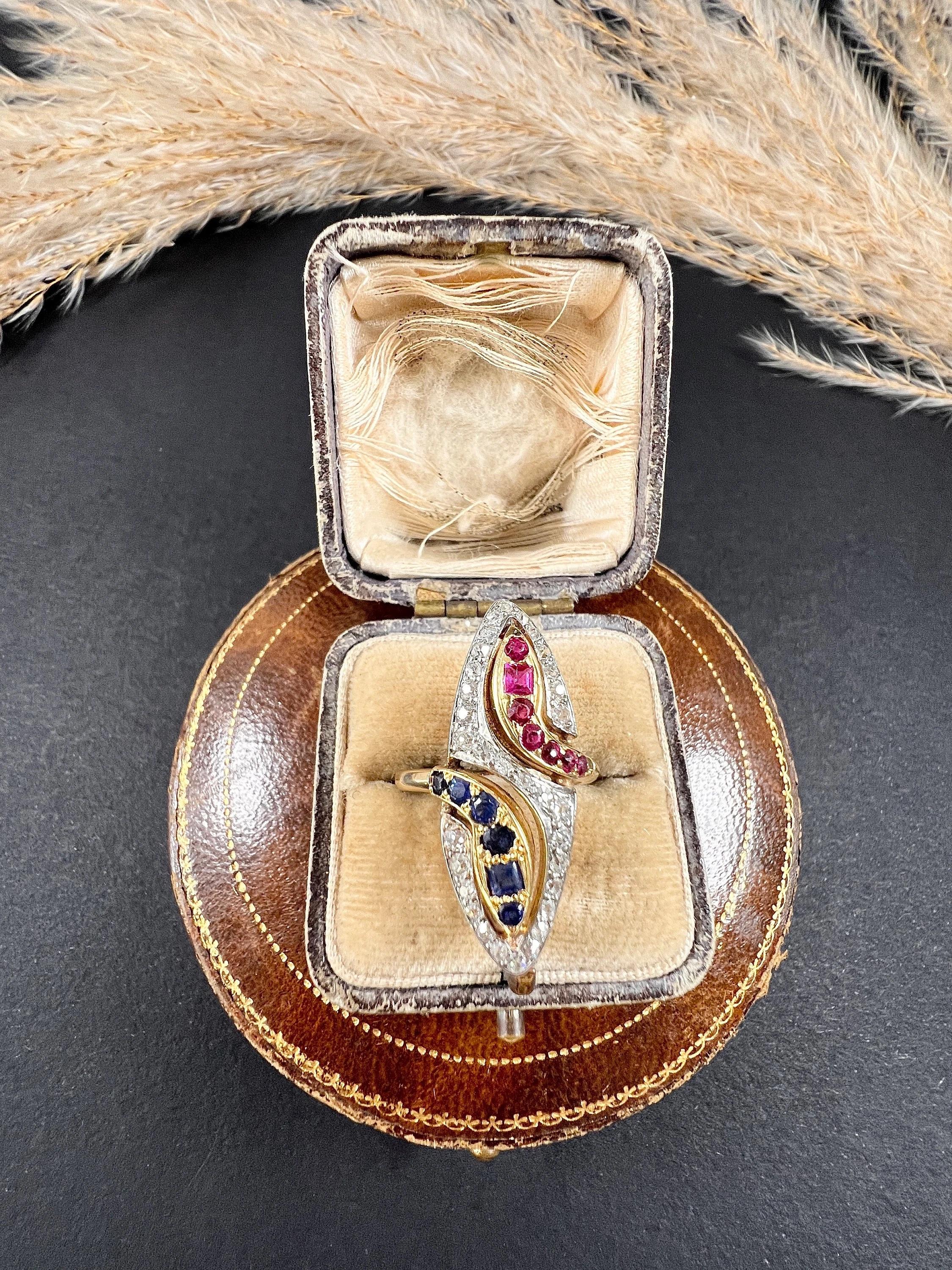 14ct Yellow Gold 1950s Double Headed Ruby Sapphire & Diamond Marquise Snake Ring For Sale 1