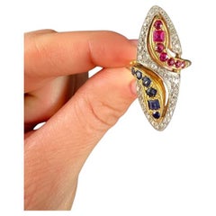Anello a serpente con rubino, zaffiro e diamante a doppia testa in oro giallo 14ct 1950