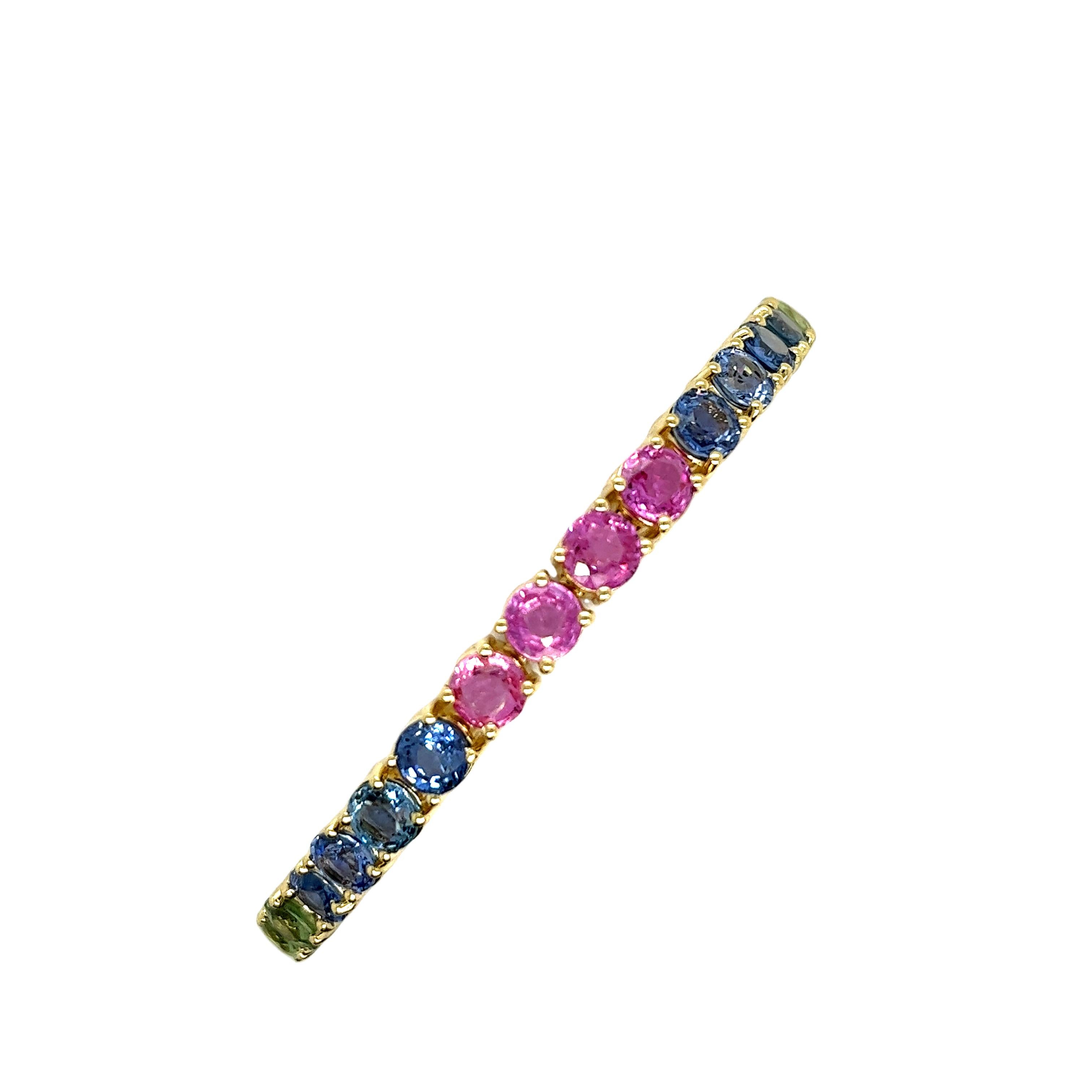 Round Cut 14ct Yellow Gold 23ct Natural Sapphires Rainbow Bracelet For Sale
