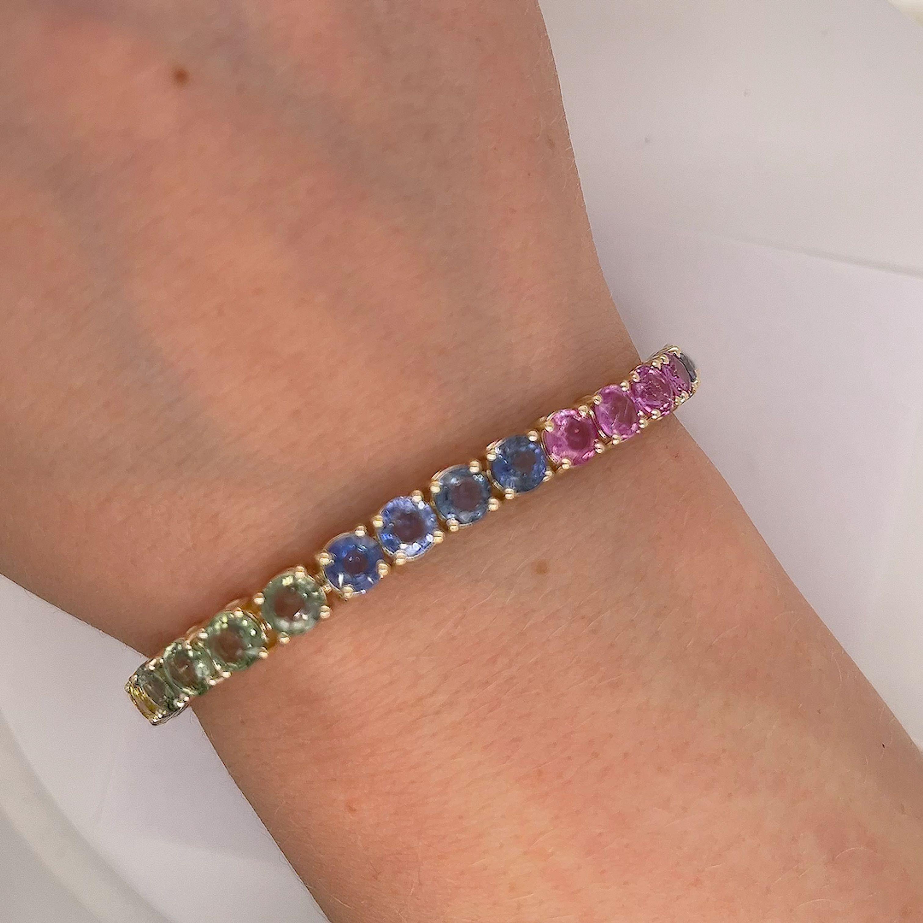 14ct Yellow Gold 23ct Natural Sapphires Rainbow Bracelet In New Condition For Sale In London, GB