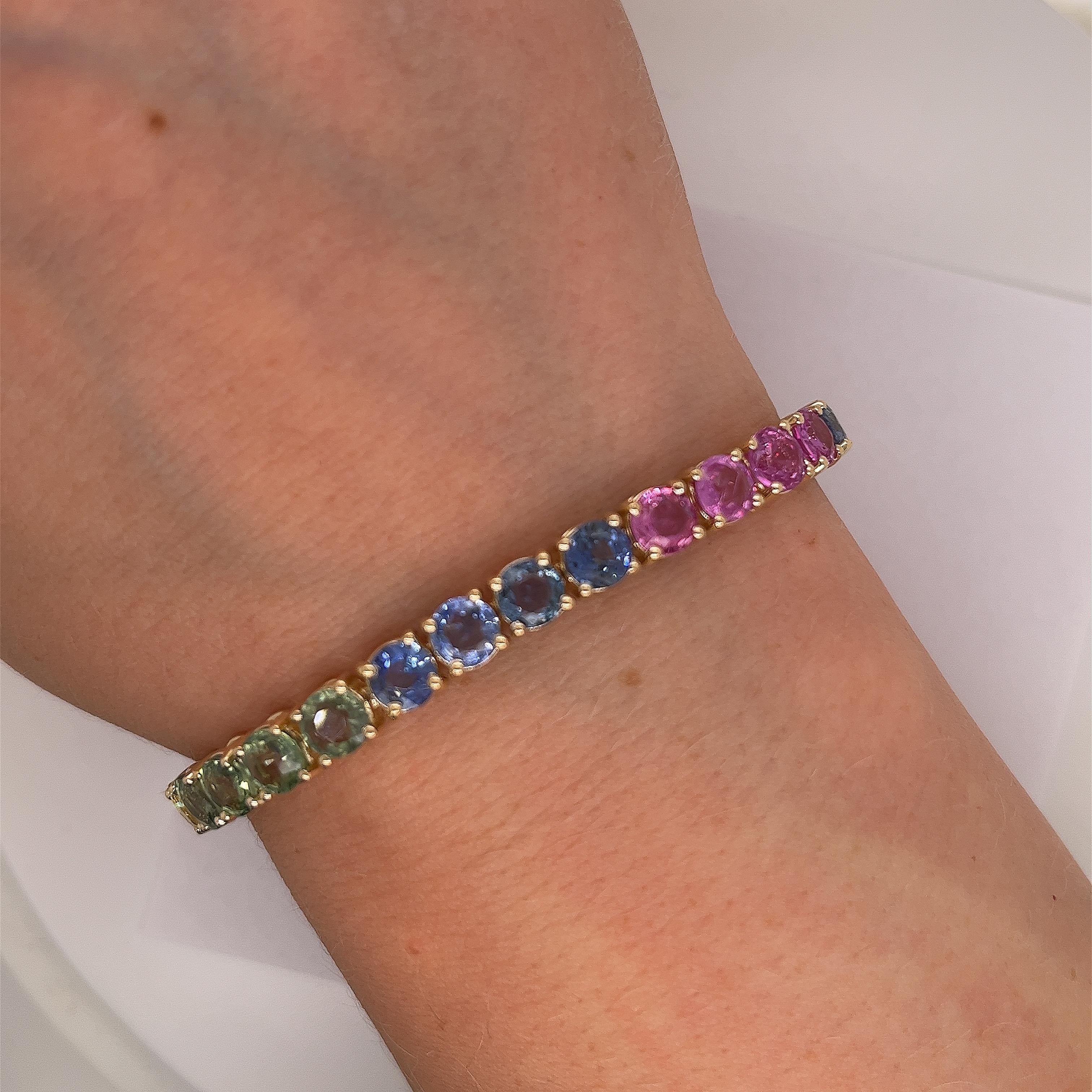 Women's or Men's 14ct Yellow Gold 23ct Natural Sapphires Rainbow Bracelet For Sale