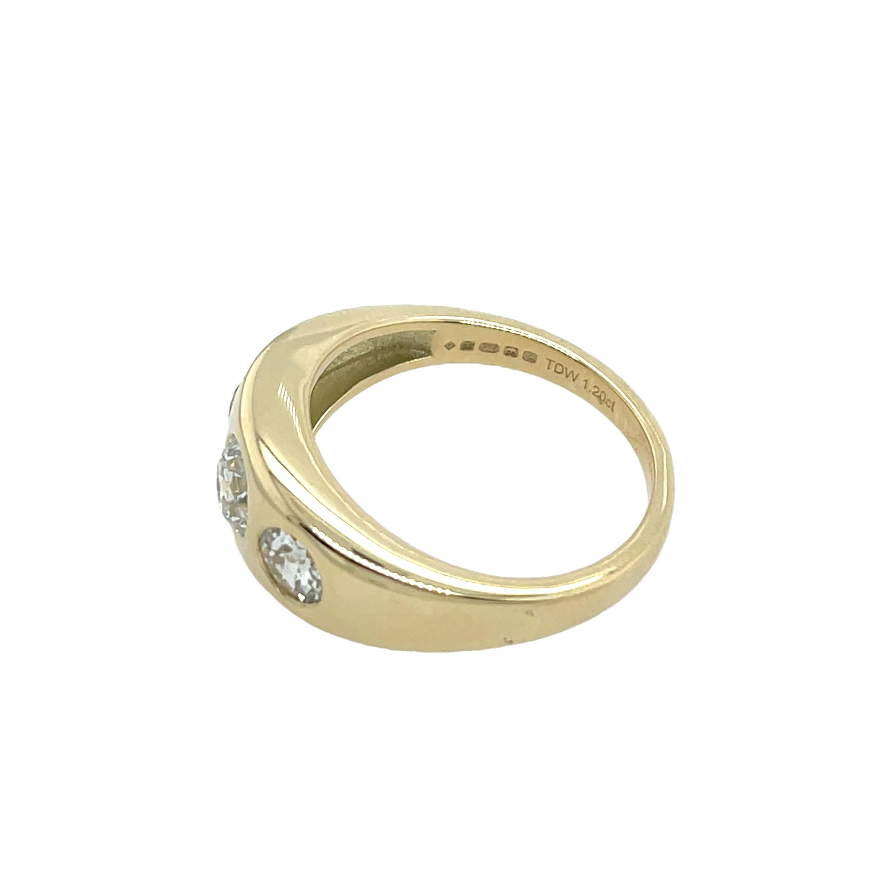 Round Cut 14ct Yellow Gold 3-Stone Diamond Ring, Set With 1.20ct Old Cut Diamonds