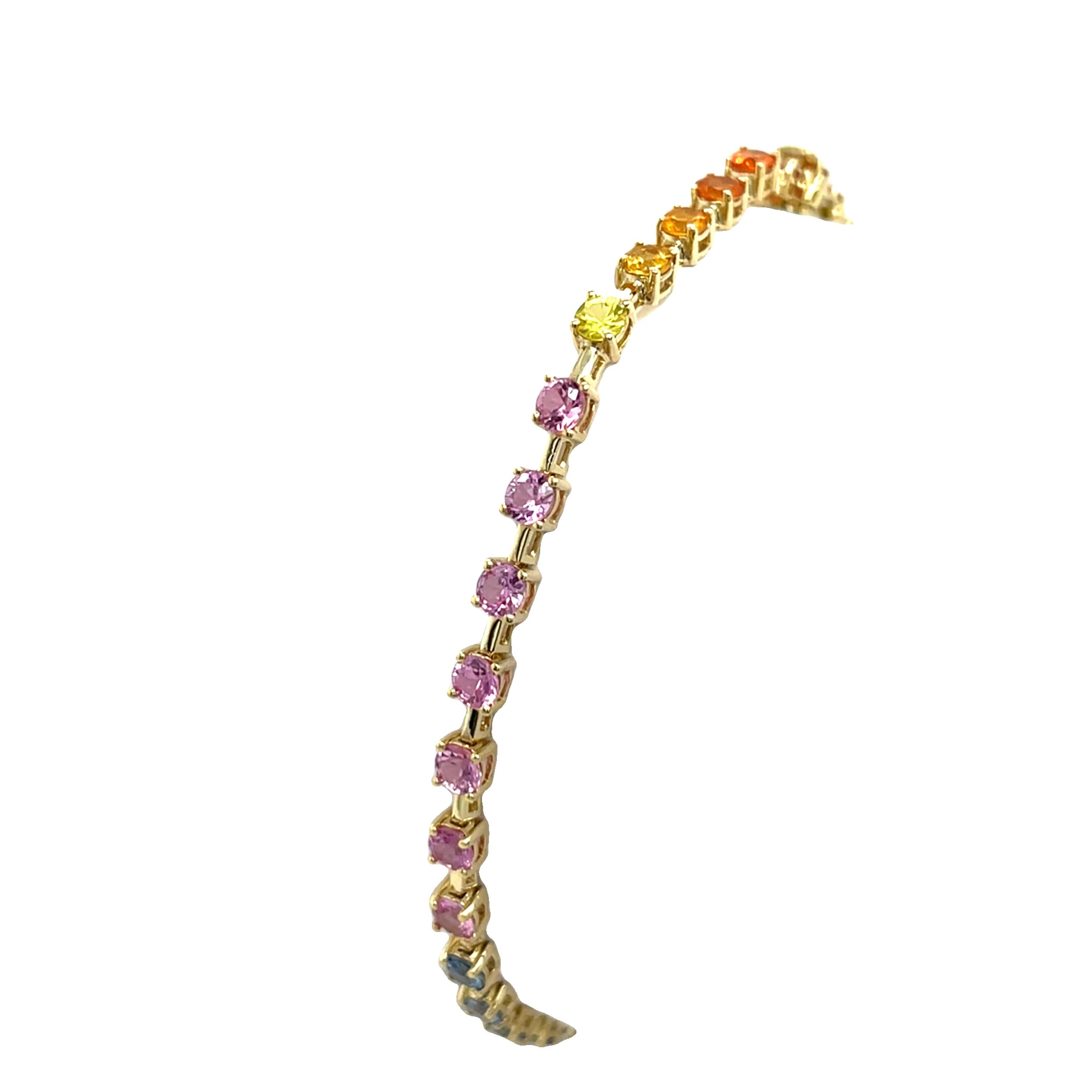 Bracciale arcobaleno in oro giallo 14ct con zaffiri naturali da 3,0ct In condizioni Nuovo in vendita a London, GB