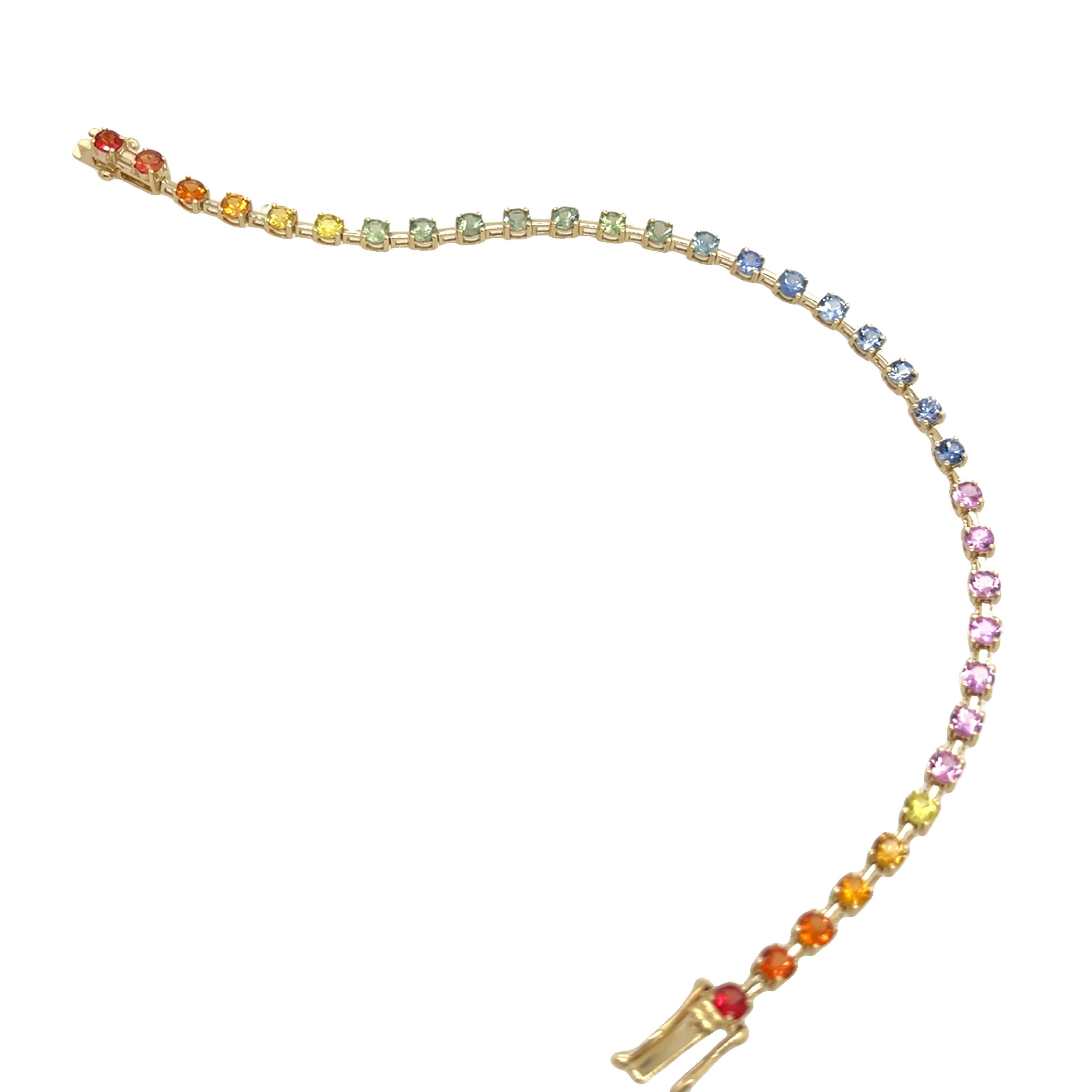 Bracciale arcobaleno in oro giallo 14ct con zaffiri naturali da 3,0ct in vendita 1