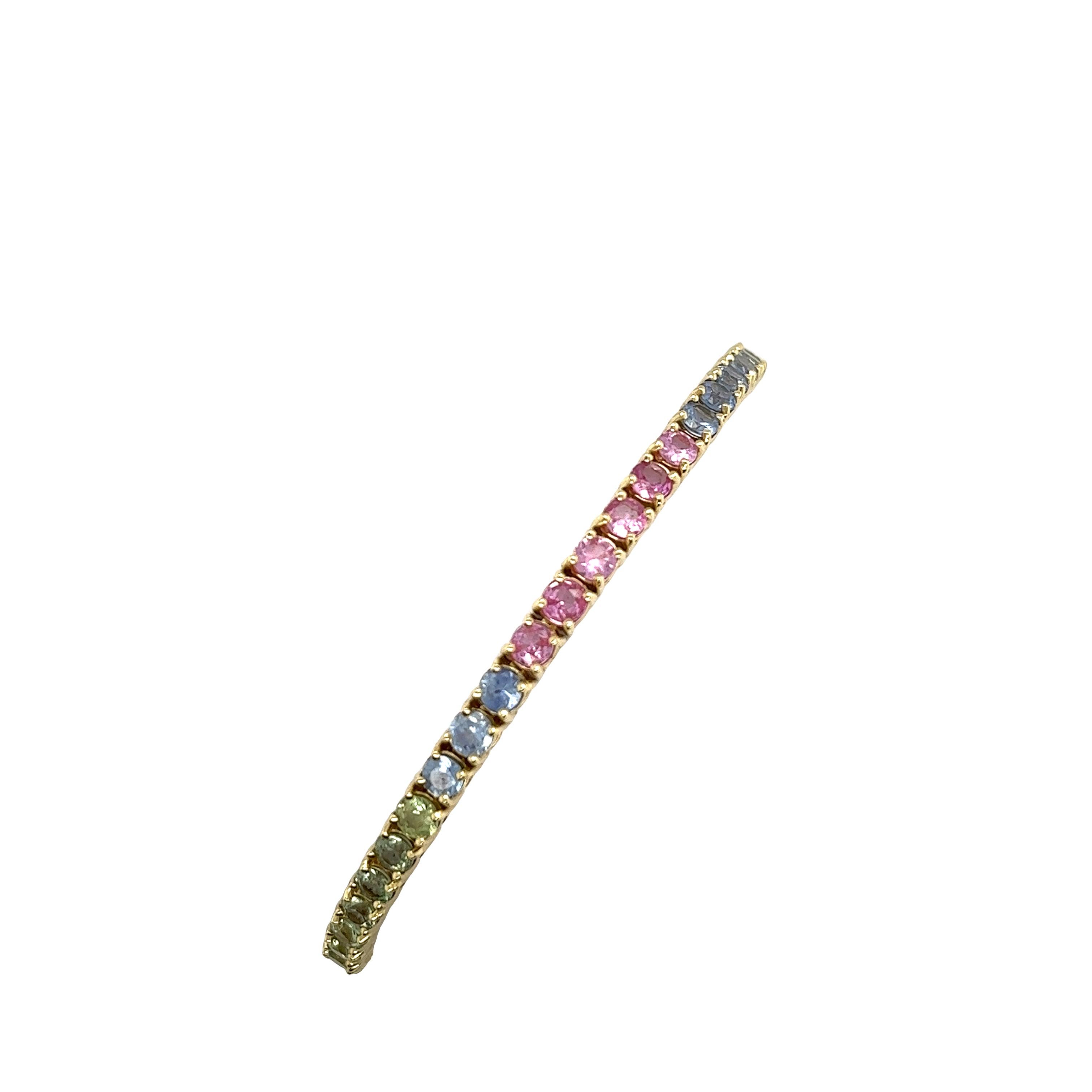 Bracelet arc-en-ciel en or jaune 14 carats avec saphirs naturels de 8,0 carats en vente 1