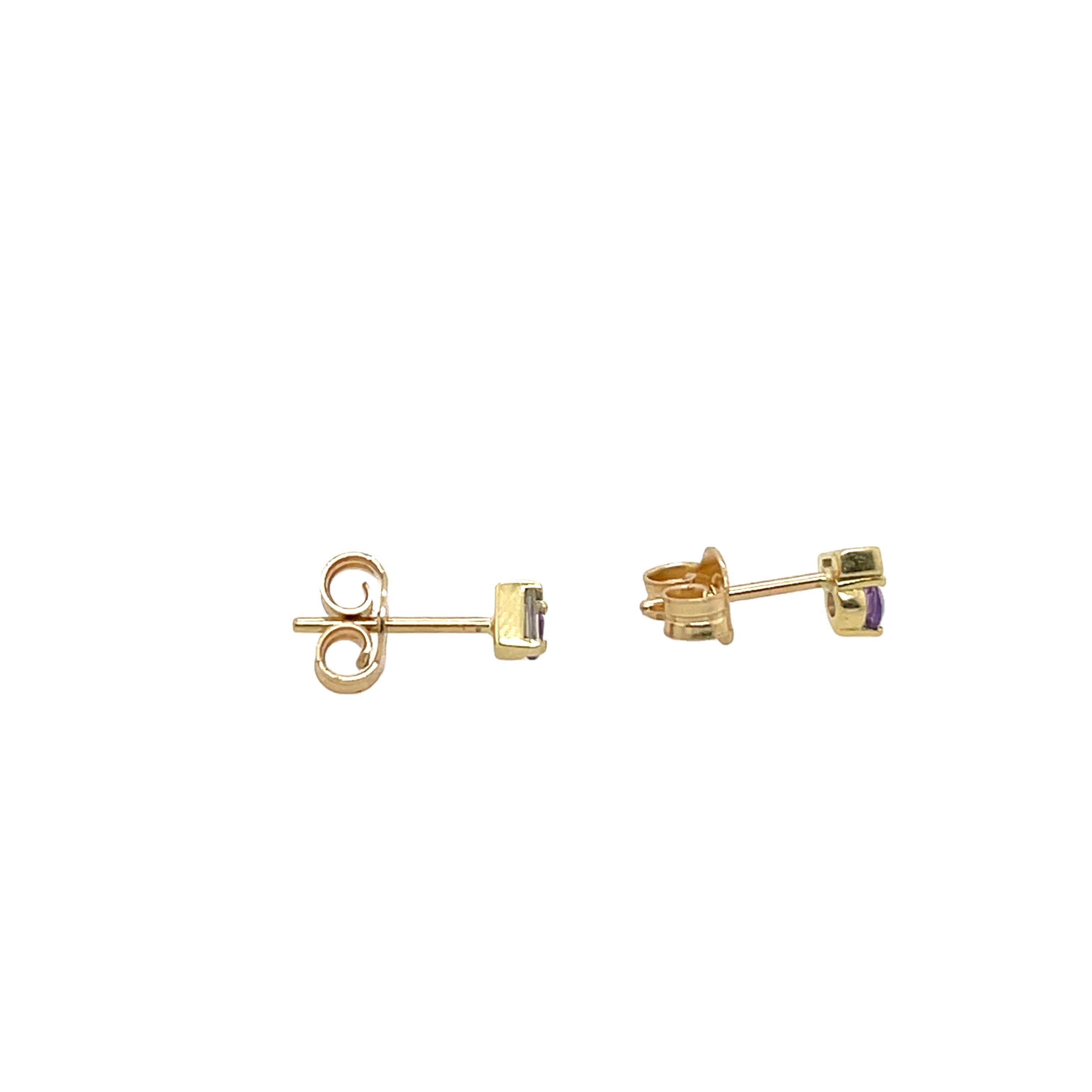 Baguette Cut 14ct Yellow Gold Amethyst & Diamonds Stud Earrings For Sale