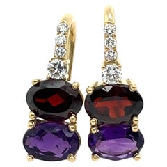 Pendientes Gota Amatista, Granate y Diamantes de Oro Amarillo 14ct