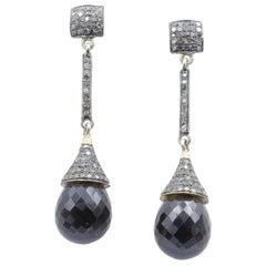 14ct Yellow Gold and Sterling Silver Diamond and Smoky Quartz Long Drop Earrings