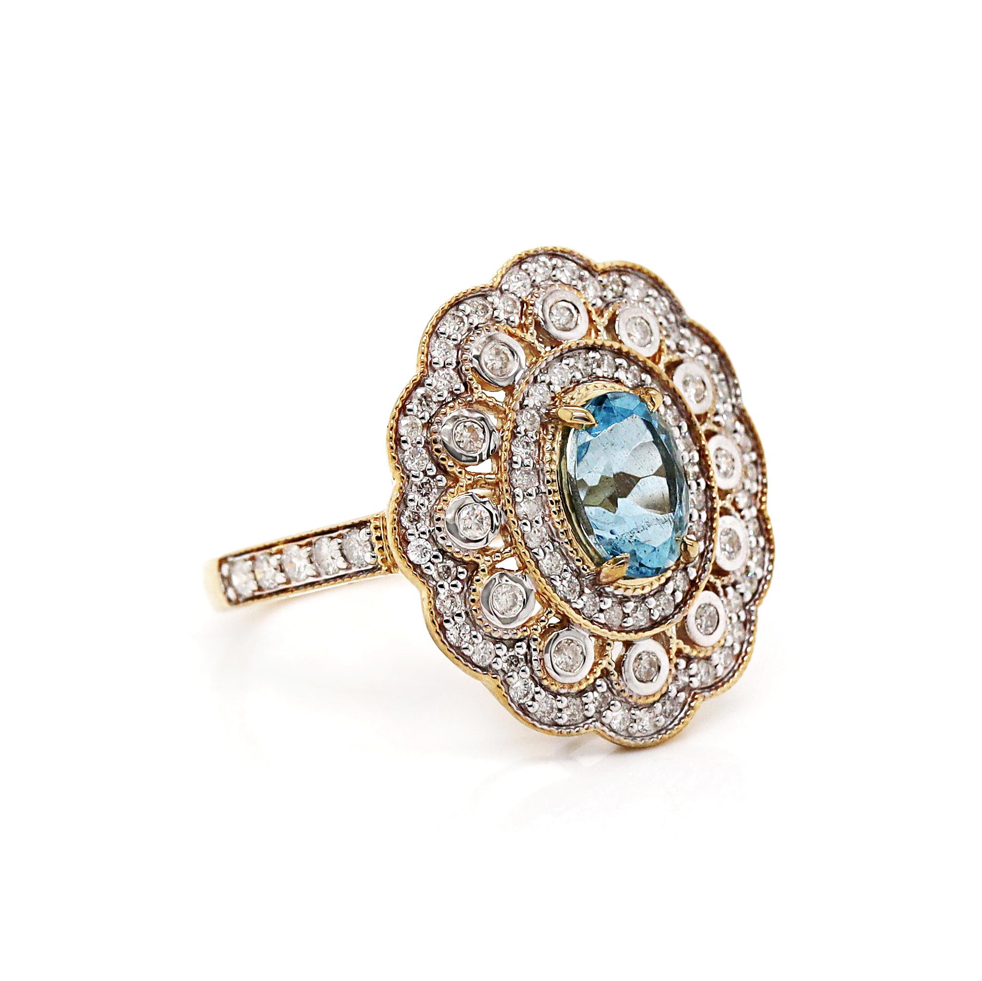 Victorien tardif Bague cocktail en or jaune 14 carats, aigue-marine et diamant en vente