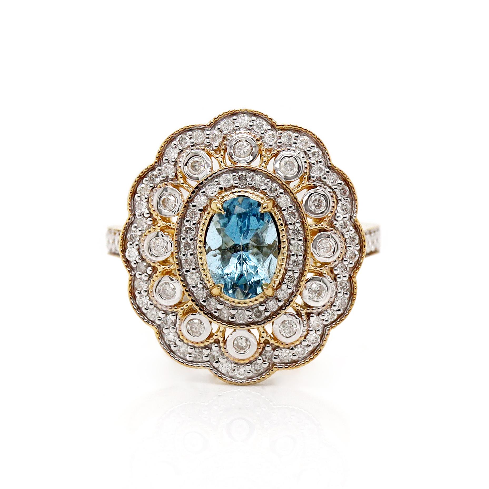 Bague cocktail en or jaune 14 carats, aigue-marine et diamant Unisexe en vente