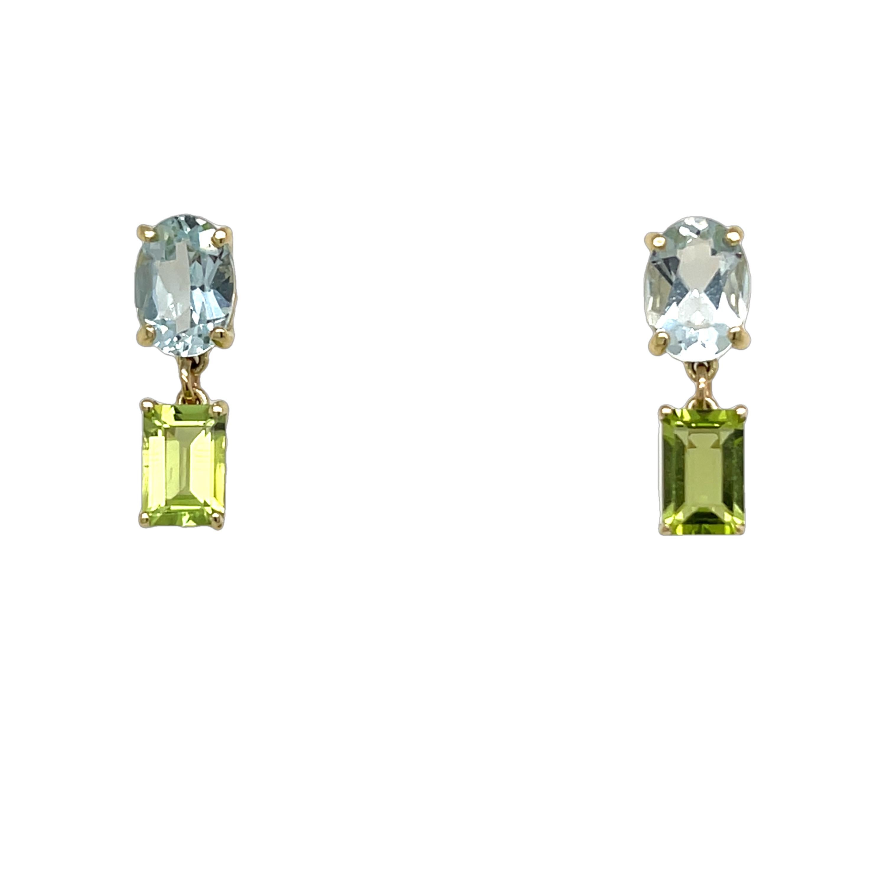 14ct Yellow Gold Aquamarine and Peridot Drop Earrings In New Condition In London, GB