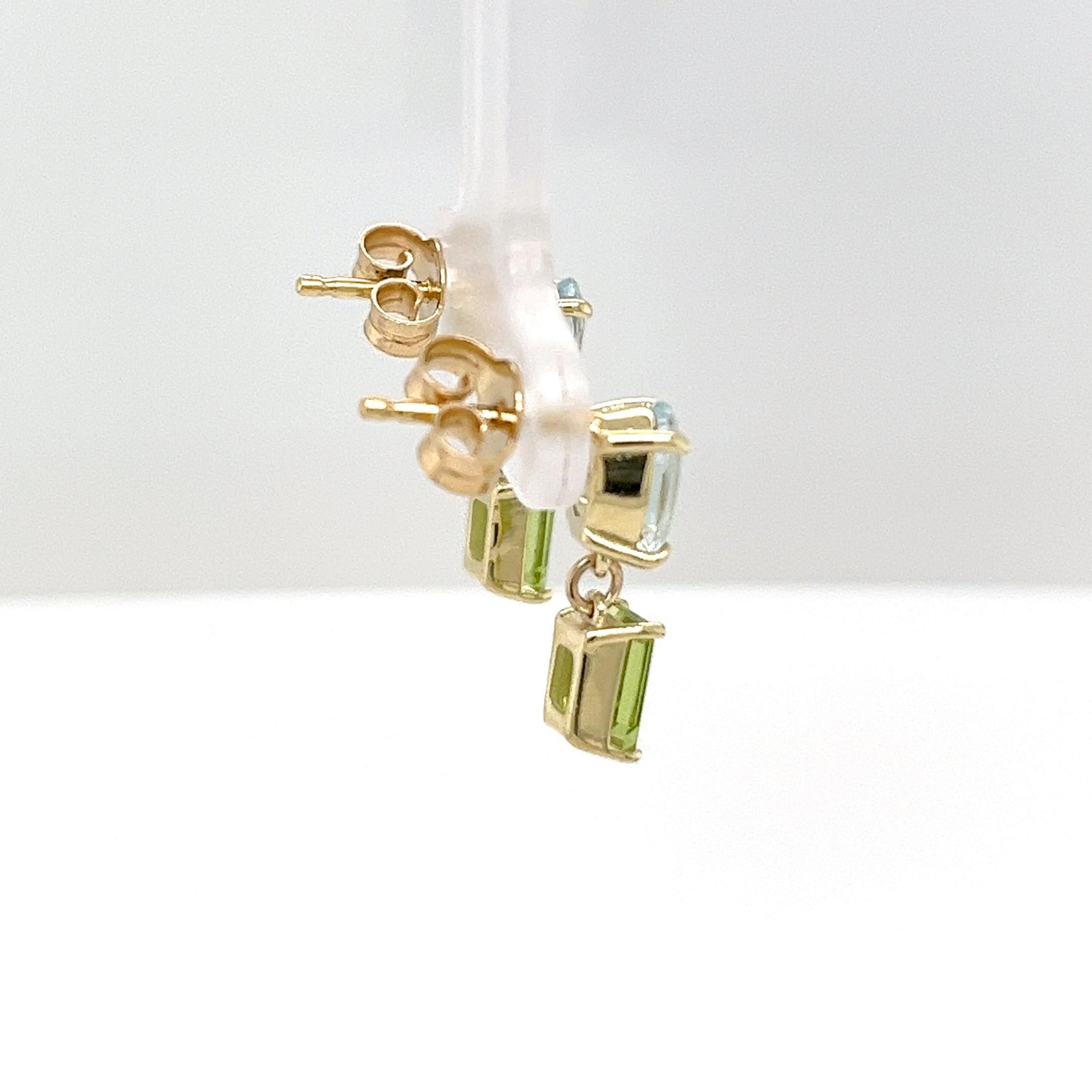 Women's or Men's 14ct Yellow Gold Aquamarine and Peridot Drop Earrings