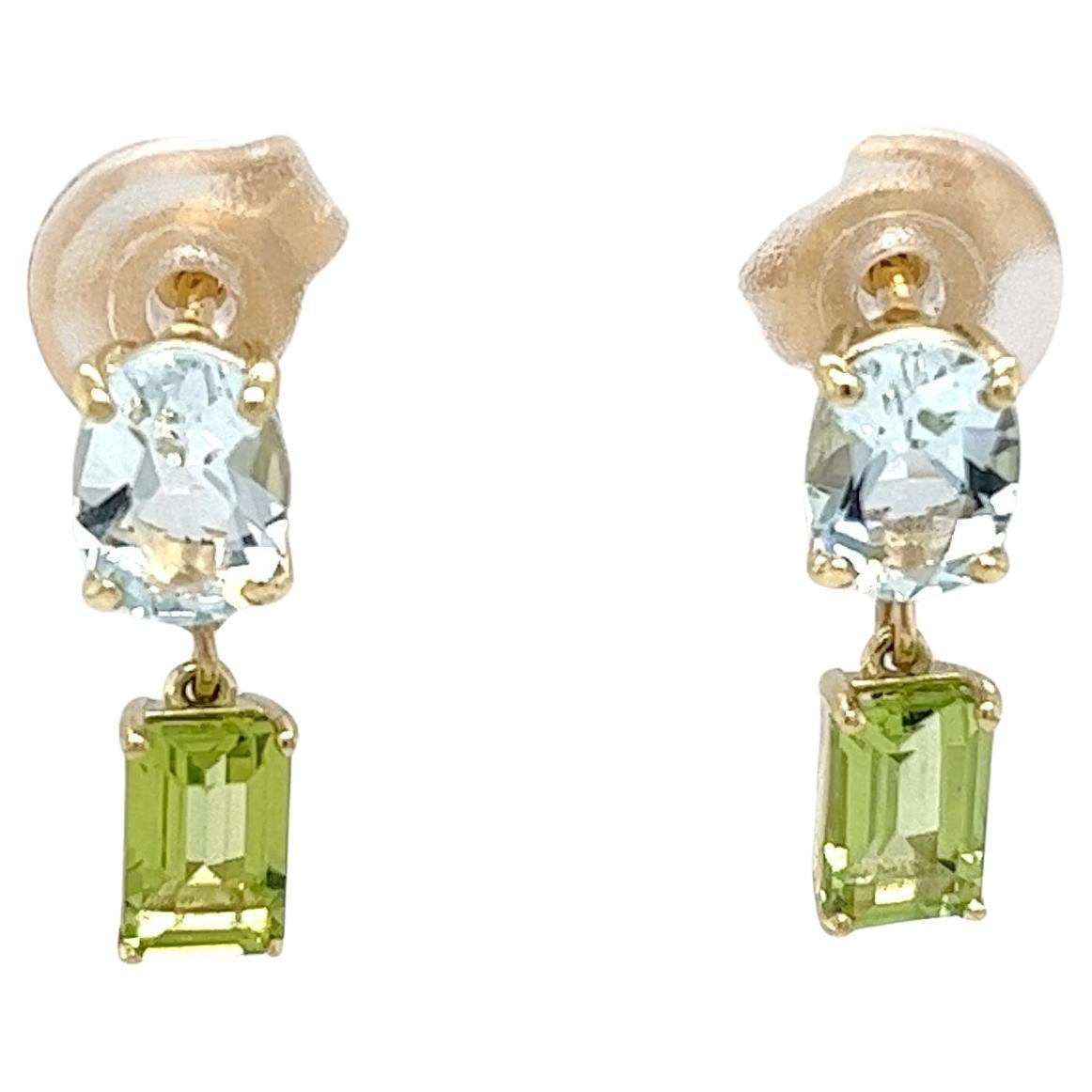 14ct Yellow Gold Aquamarine and Peridot Drop Earrings