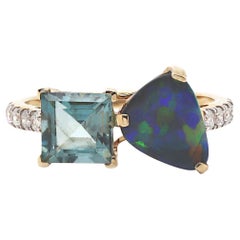 14CT Yellow Gold Aquamarine, Australian Opal And Diamond Dress Ring