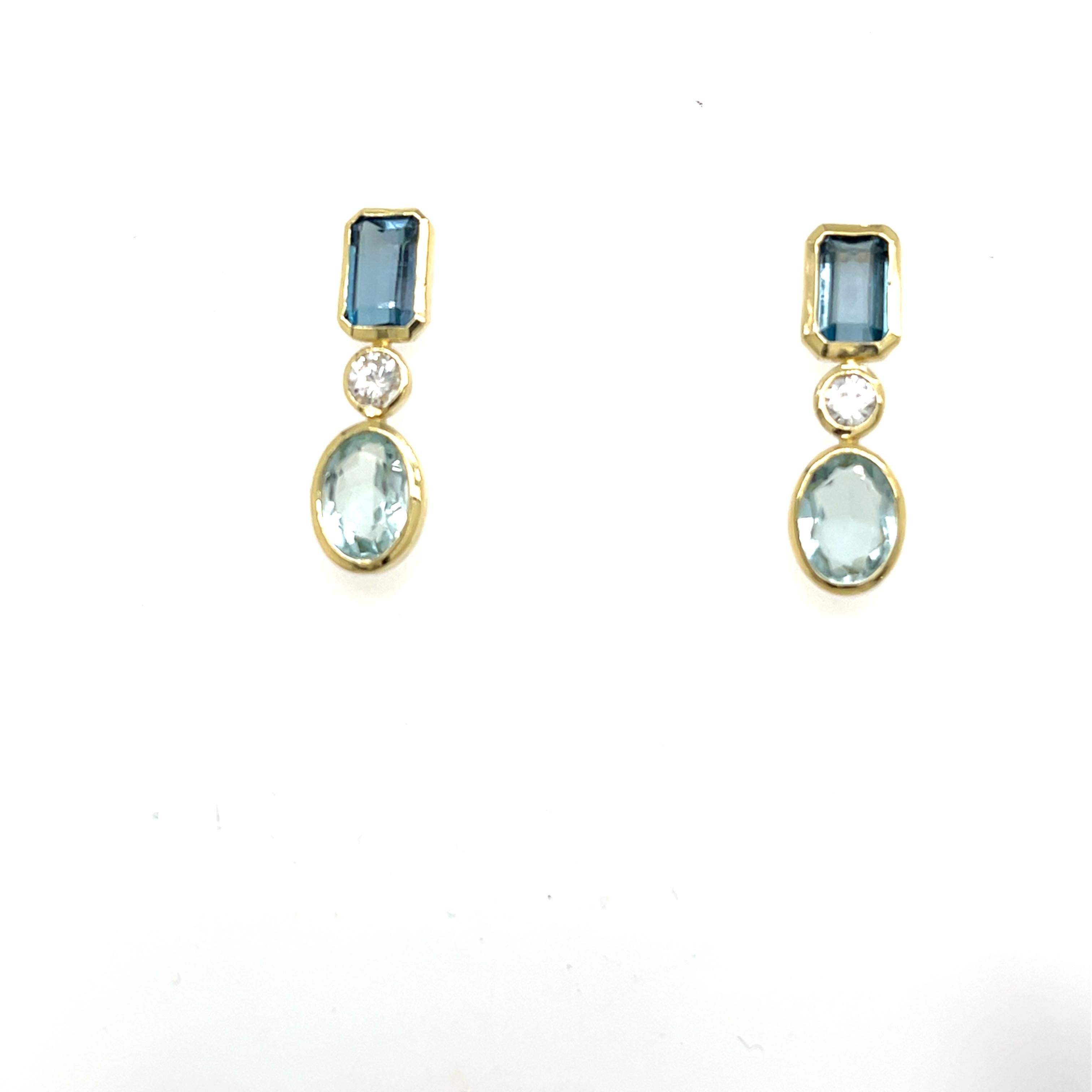 Orecchini a goccia in oro giallo 14ct con acquamarina, topazio blu e diamanti In condizioni Nuovo in vendita a London, GB