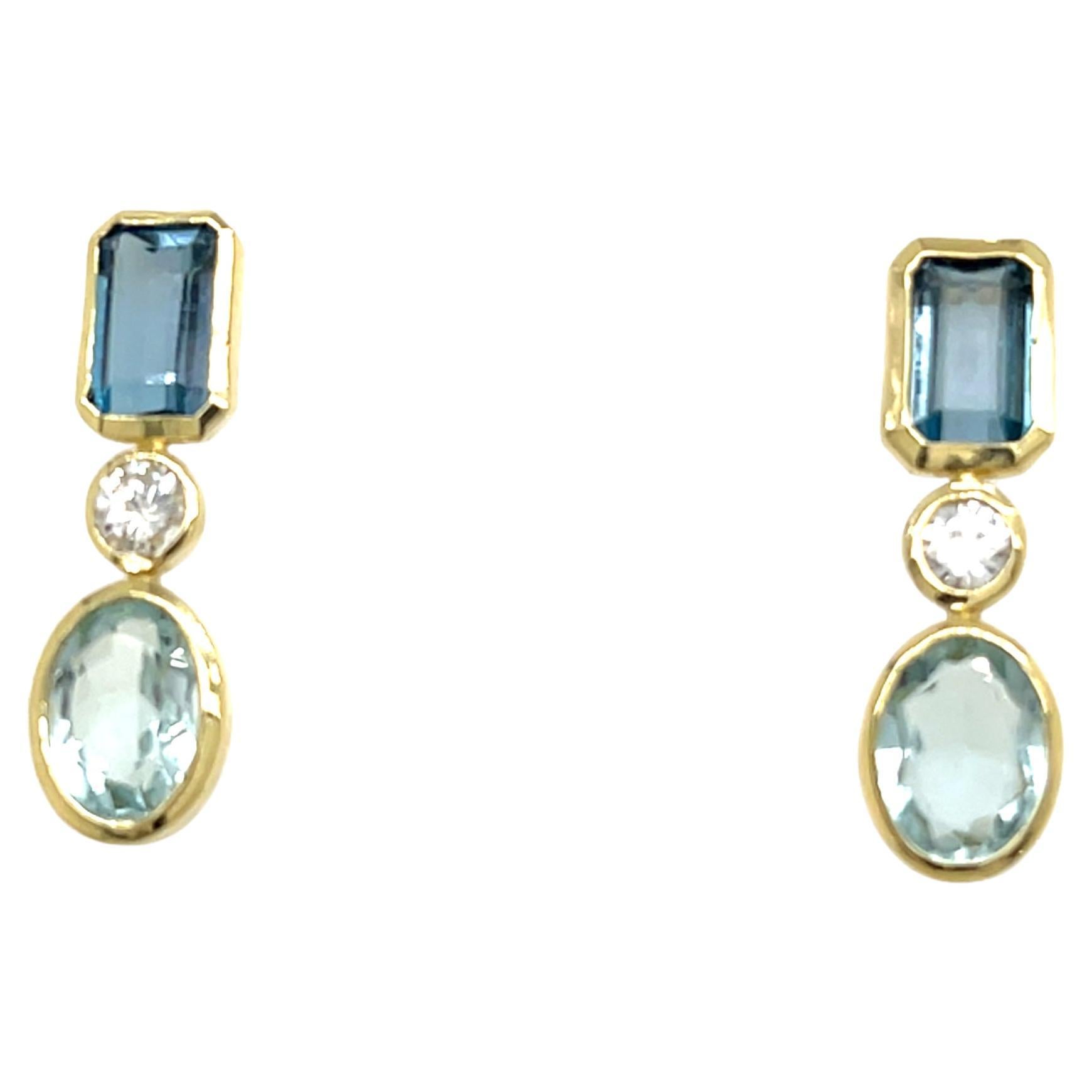 14ct Yellow Gold Aquamarine, Blue Topaz and Diamond Drop Earrings