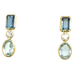 14ct Yellow Gold Aquamarine, Blue Topaz and Diamond Drop Earrings
