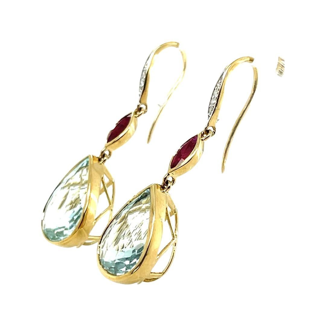 Contemporary 14ct Yellow Gold, Aquamarine, Diamond and Ruby Earrings For Sale