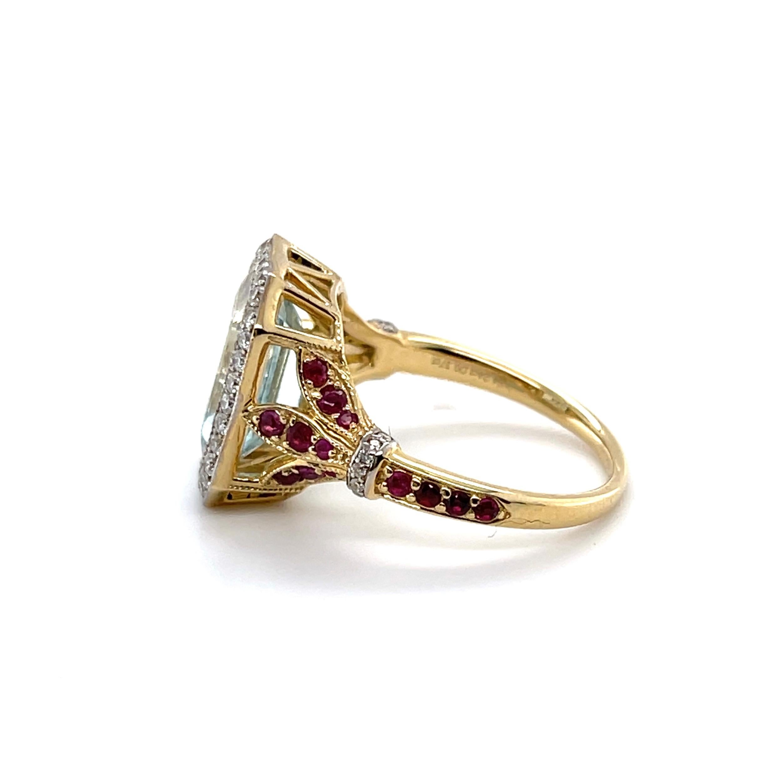 For Sale:  14ct Yellow Gold Aquamarine, Ruby and Diamond Ring 2