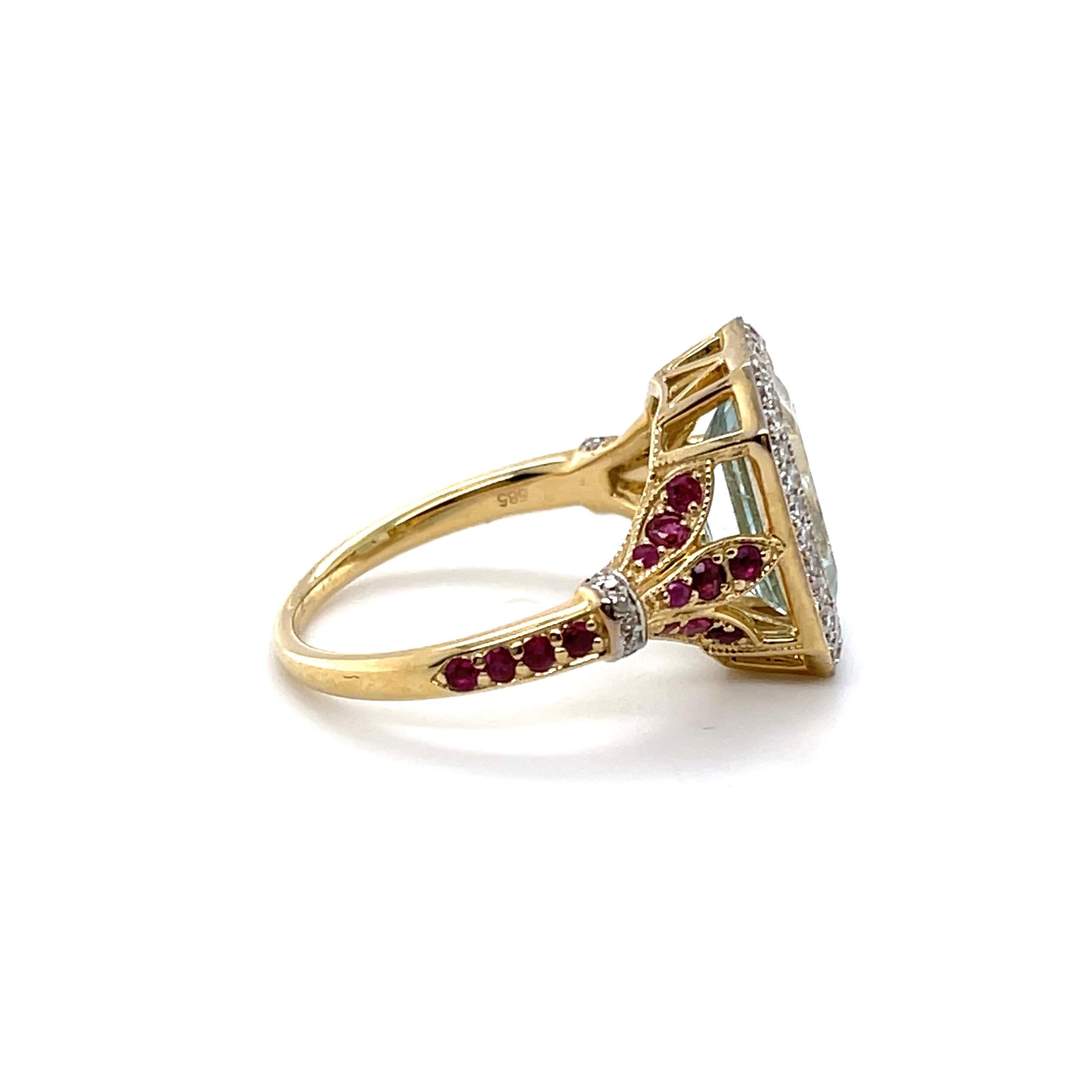 For Sale:  14ct Yellow Gold Aquamarine, Ruby and Diamond Ring 3