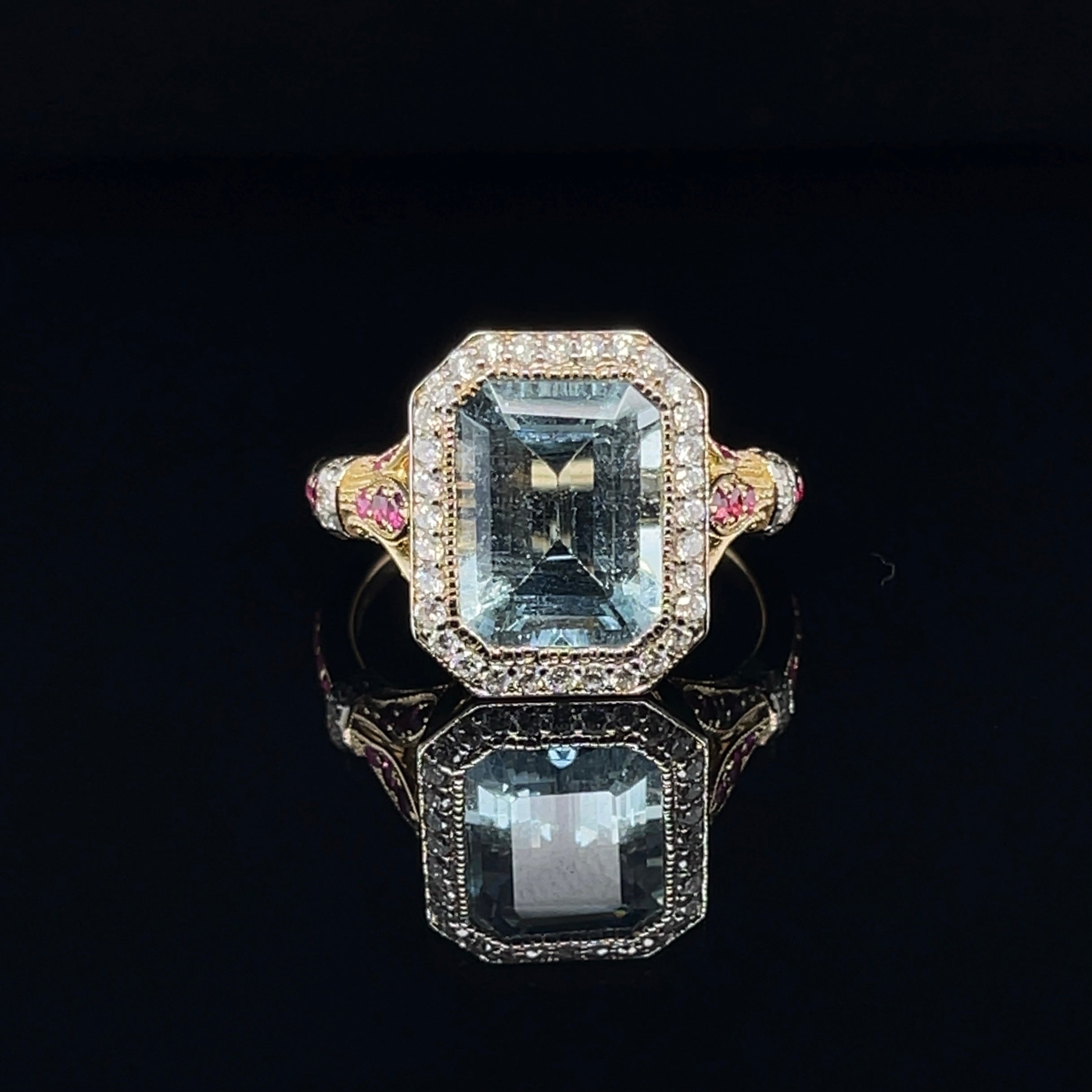 For Sale:  14ct Yellow Gold Aquamarine, Ruby and Diamond Ring 6