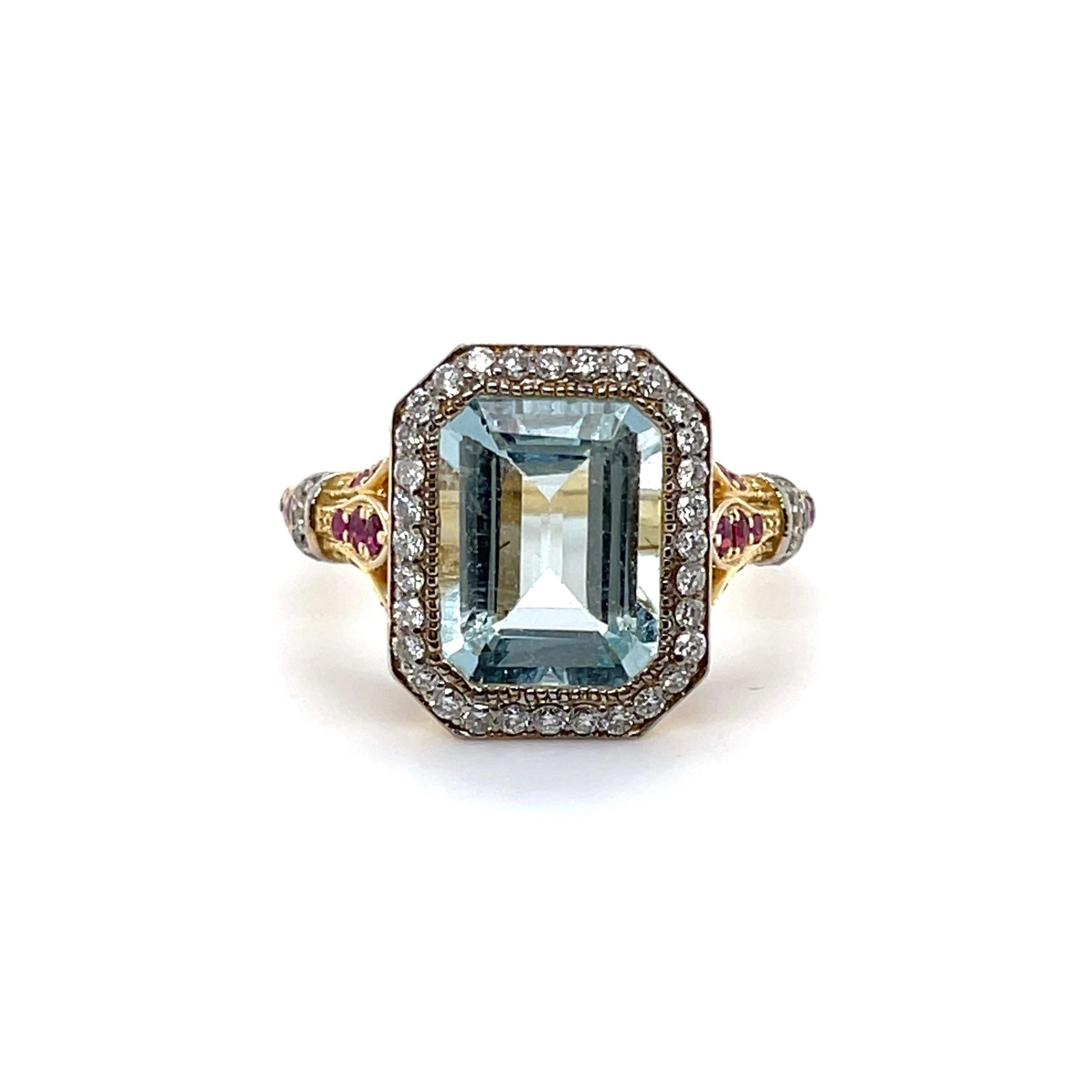 For Sale:  14ct Yellow Gold Aquamarine, Ruby and Diamond Ring