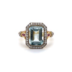 14ct Yellow Gold Aquamarine, Ruby and Diamond Ring