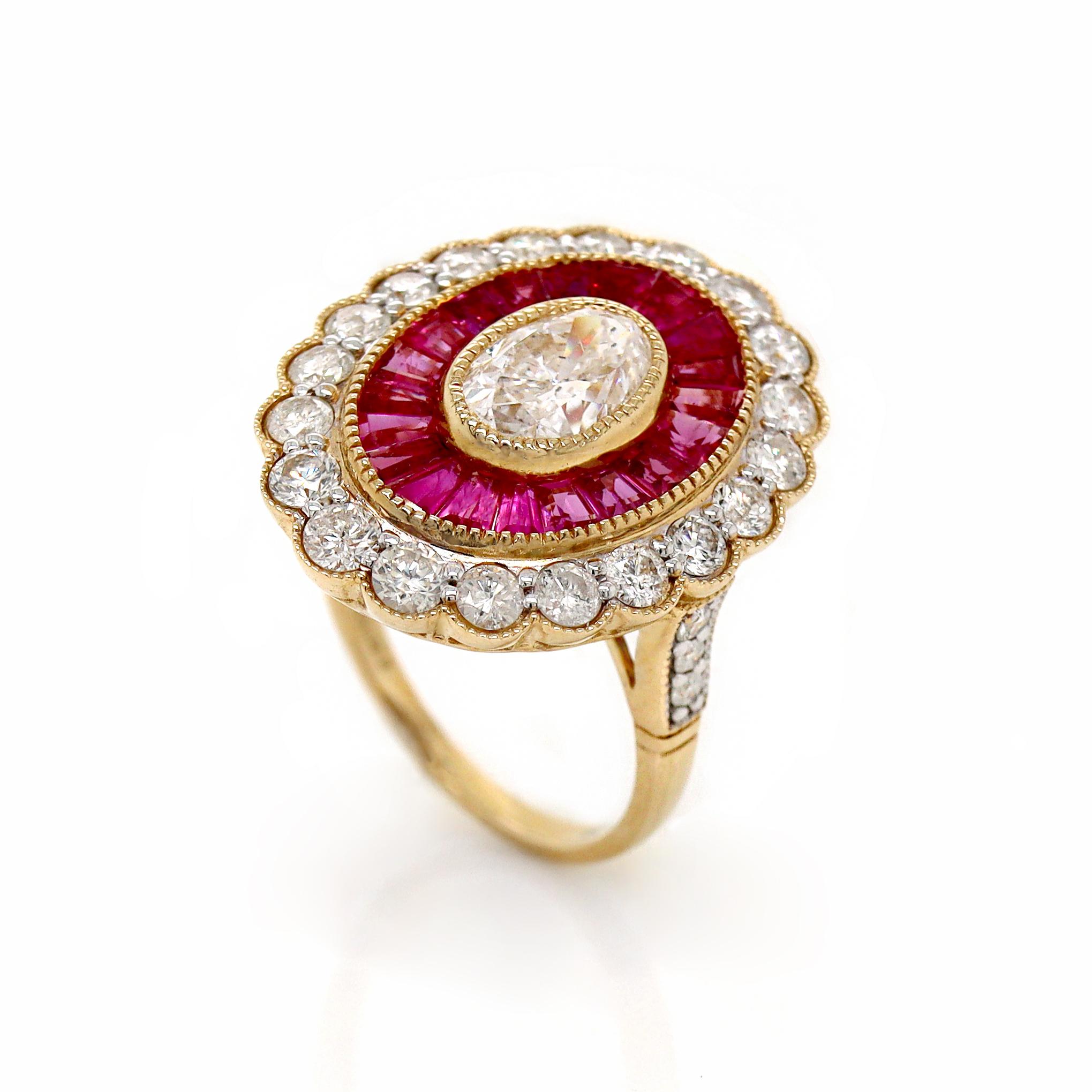 14CT Yellow Gold Art Deco Diamond and Ruby Cocktail Ring

This cocktail ring captured the essence of timeless elegance with a touch of masterpiece that exudes both grace and strength. Gleaming at the heart of this ring is a 1.52ct oval cut diamond.