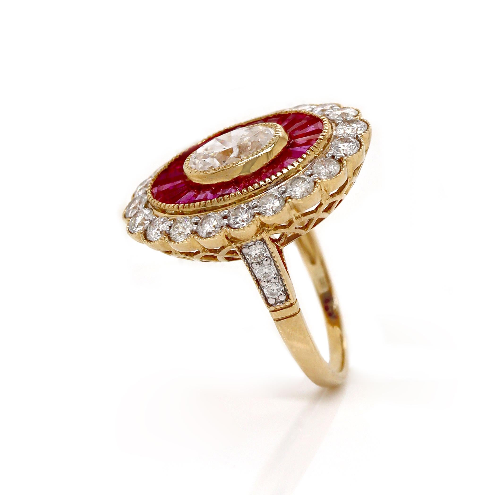14CT Yellow Gold Art Deco Diamond and Ruby Cocktail Ring In New Condition For Sale In Sydney, NSW