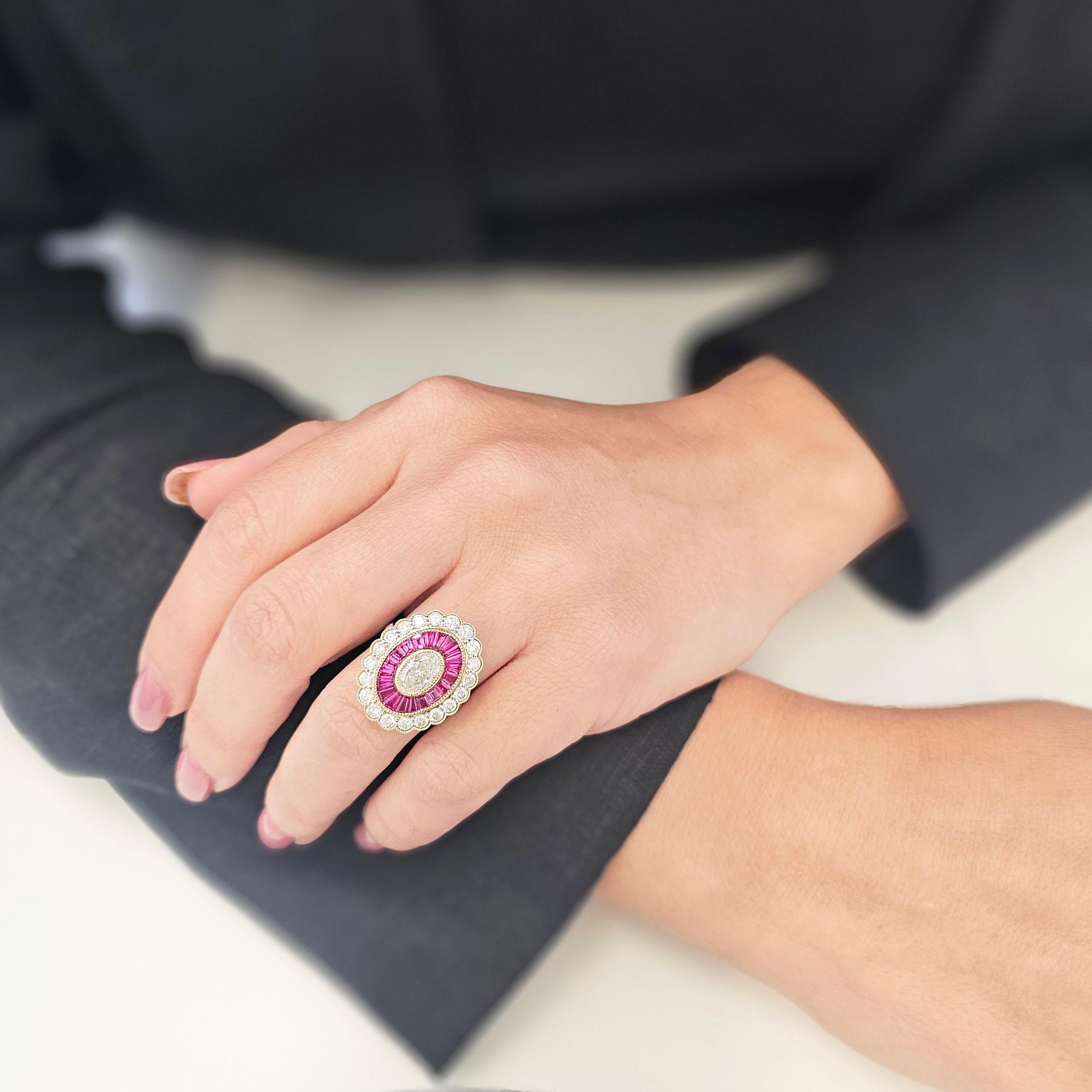 Mixed Cut 14CT Yellow Gold Art Deco Diamond and Ruby Cocktail Ring For Sale