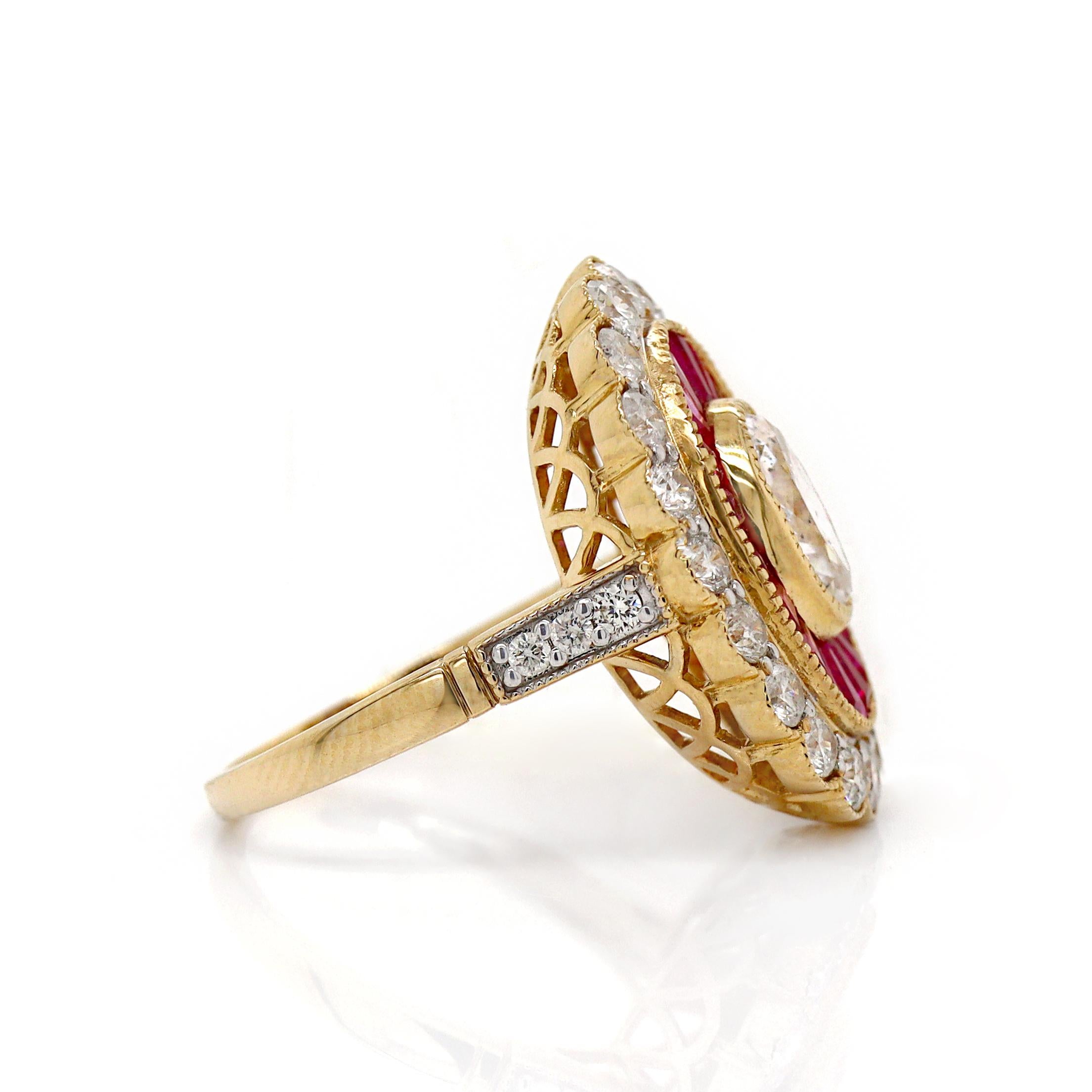 14CT Yellow Gold Art Deco Diamond and Ruby Cocktail Ring For Sale 1
