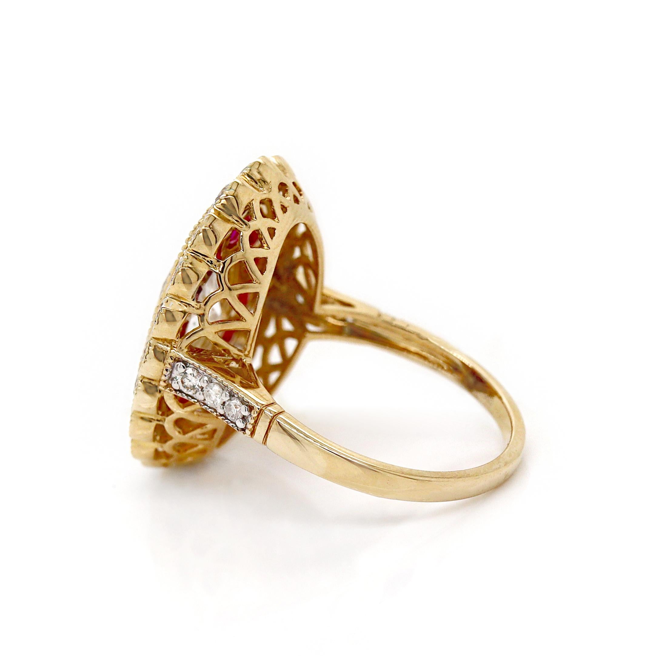 Women's or Men's 14CT Yellow Gold Art Deco Diamond and Ruby Cocktail Ring For Sale