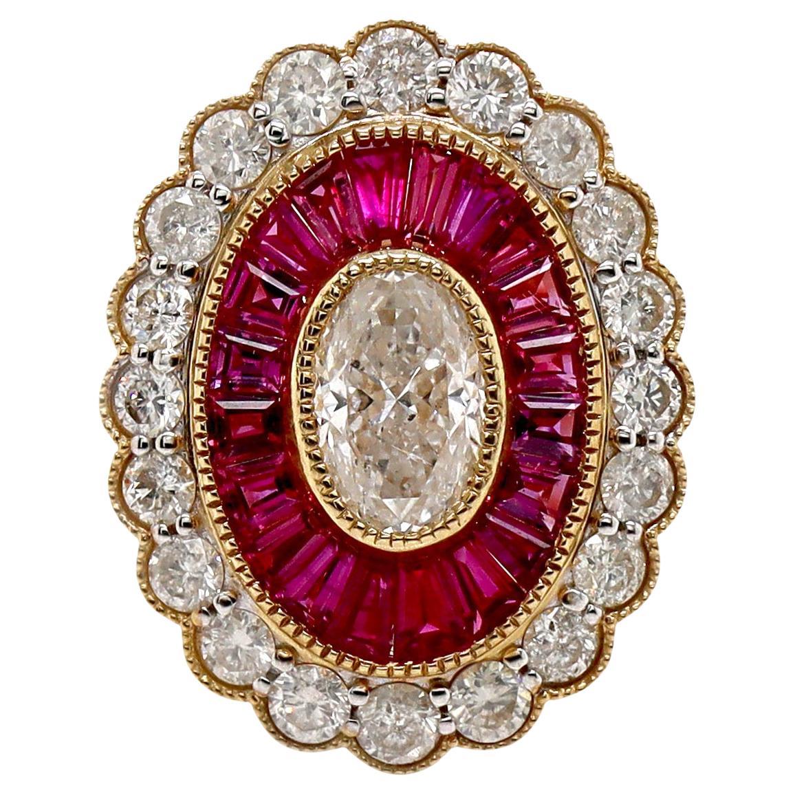 14CT Yellow Gold Art Deco Diamond and Ruby Cocktail Ring