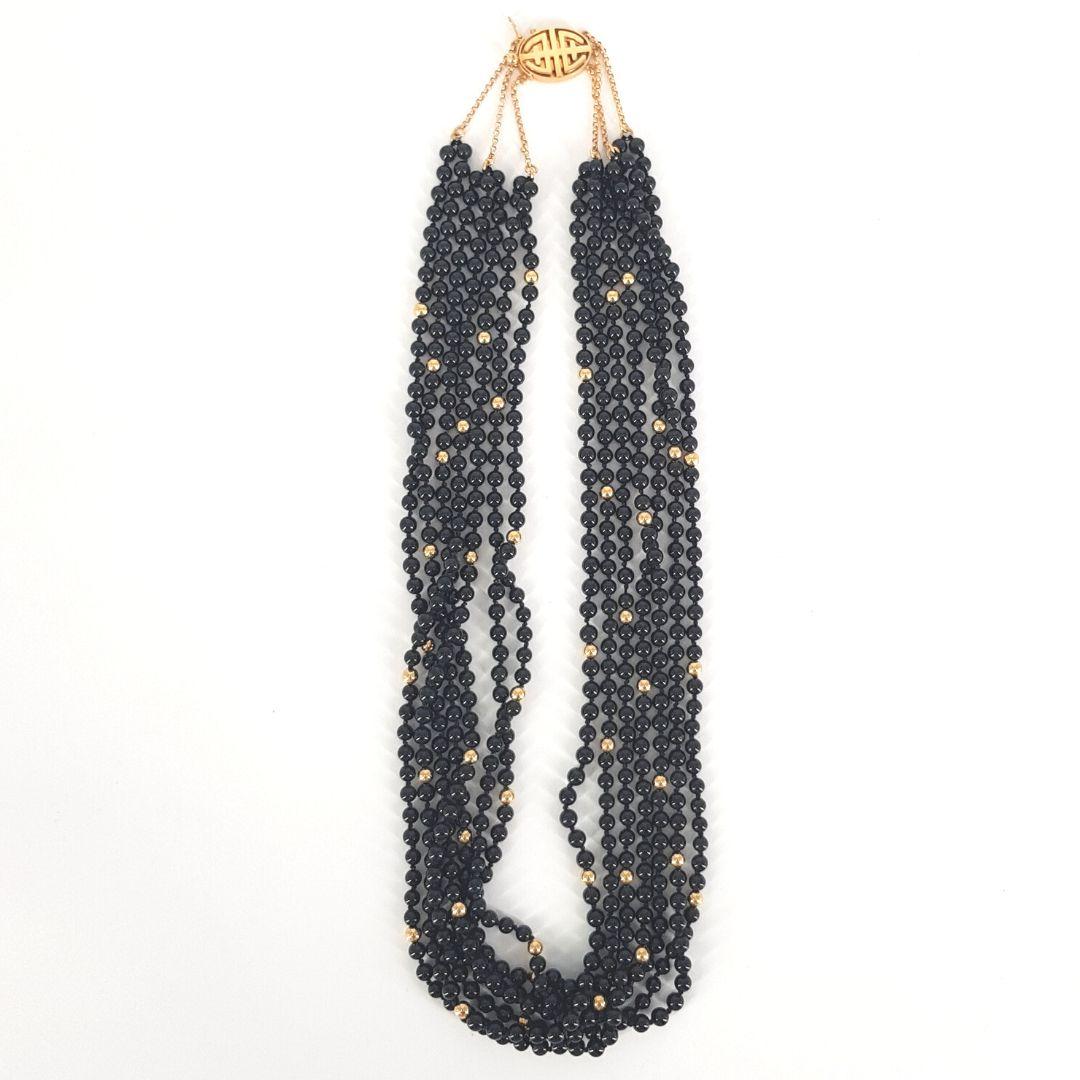 14 Carat Yellow Gold, Black Beaded Necklace For Sale 1