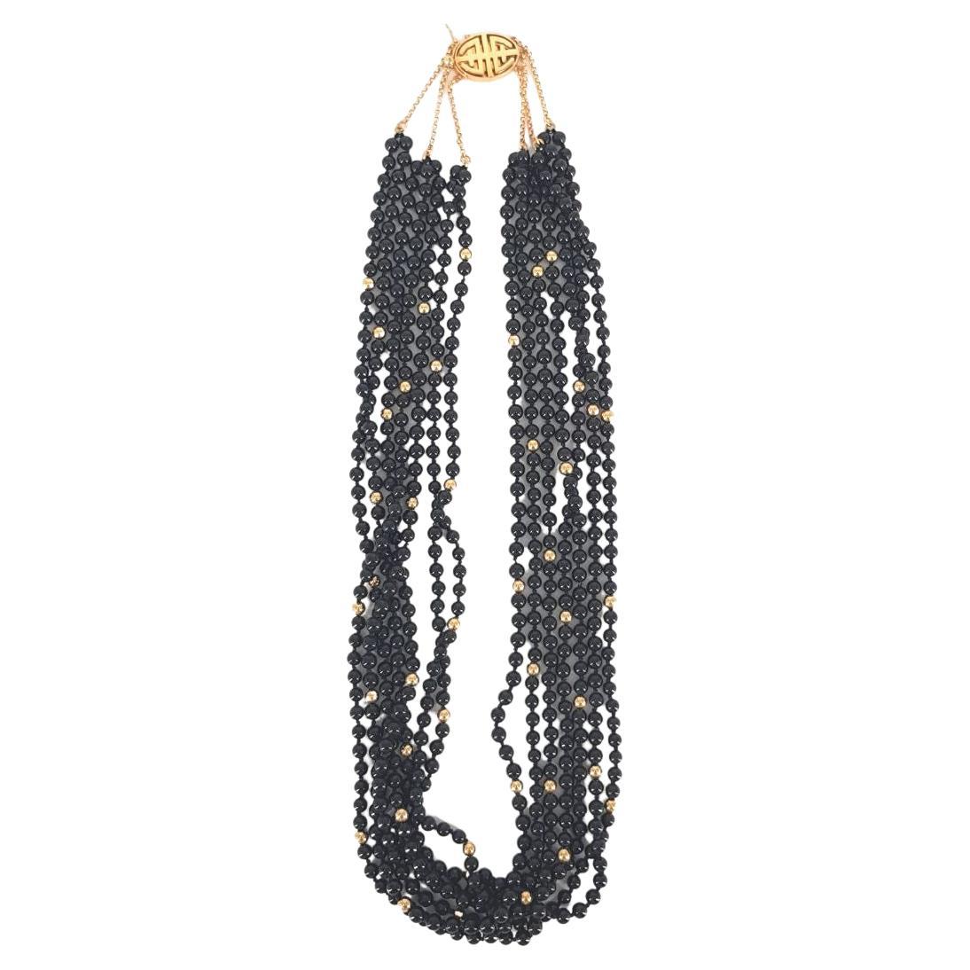14 Carat Yellow Gold, Black Beaded Necklace For Sale