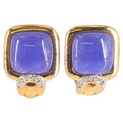 Clous d'oreilles en or jaune 14 carats, calcédoine bleue et diamants