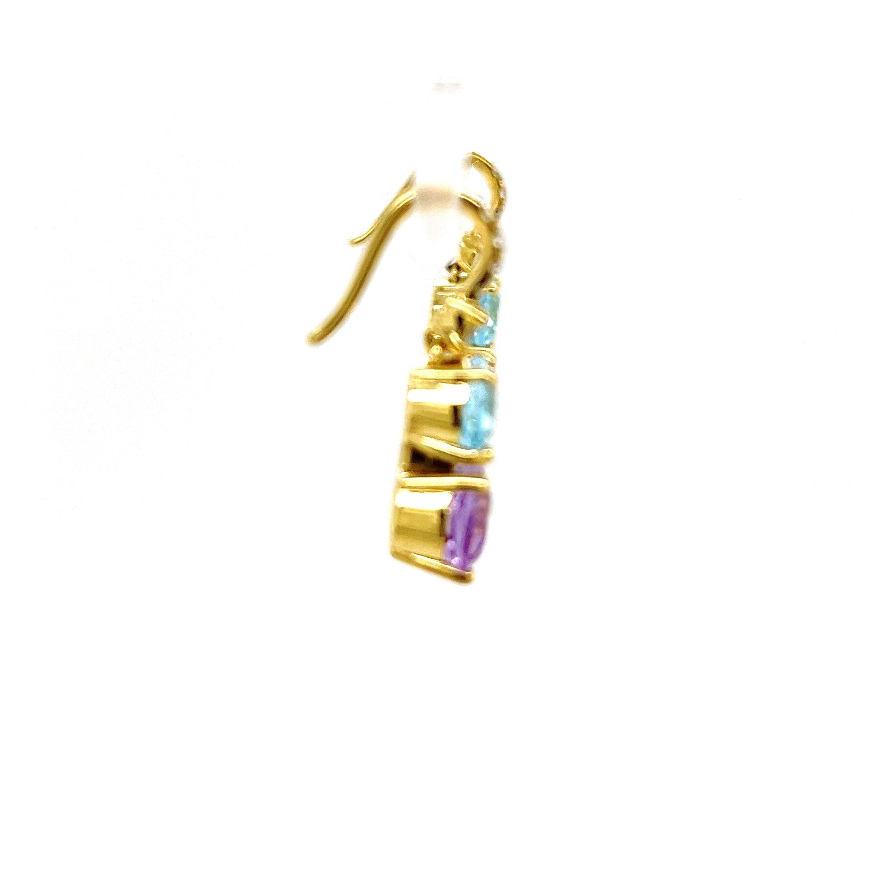 Orecchini a goccia in oro giallo 14ct con topazio blu, ametista e diamanti In condizioni Nuovo in vendita a London, GB