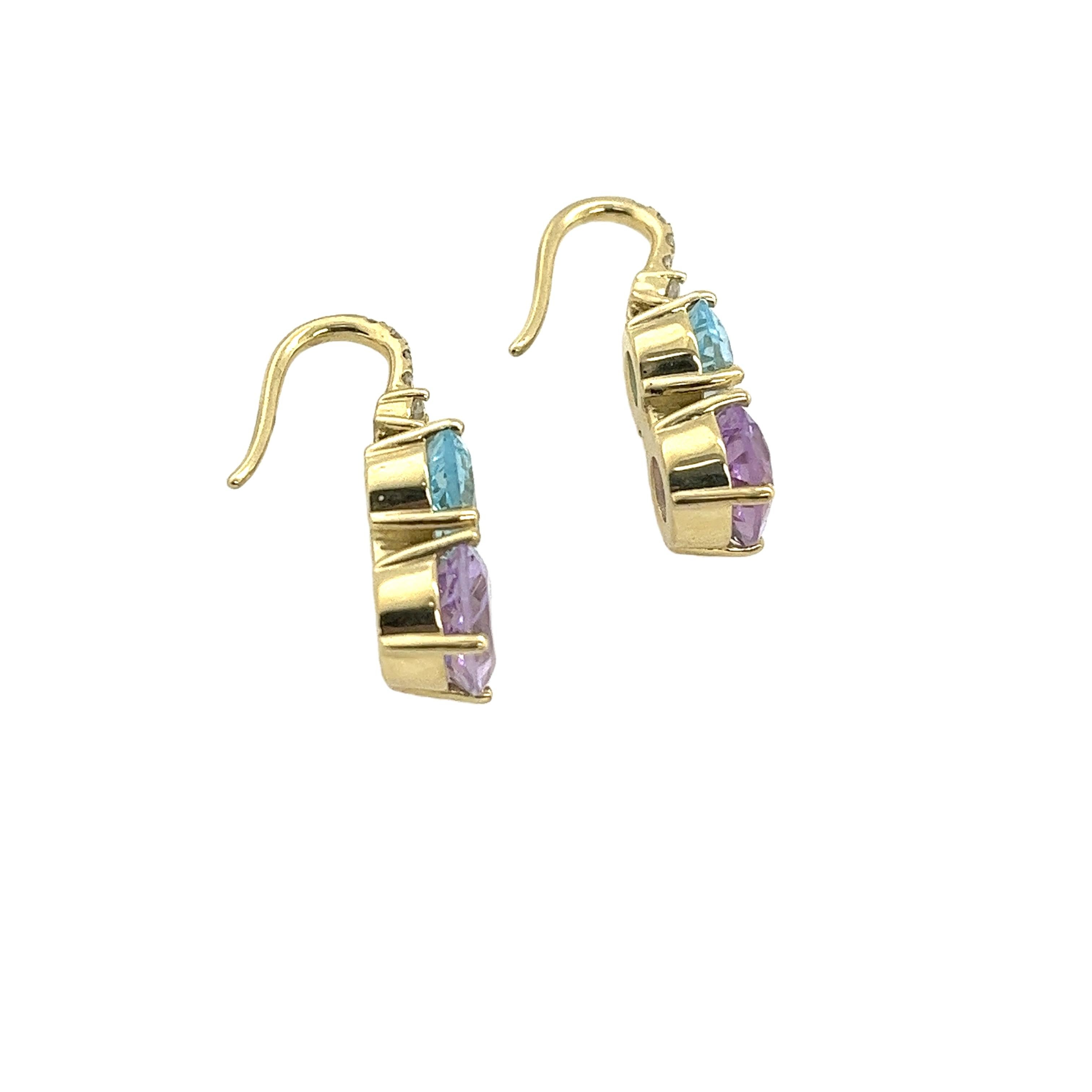 Orecchini a goccia in oro giallo 14ct con topazio blu, ametista e diamanti in vendita 1
