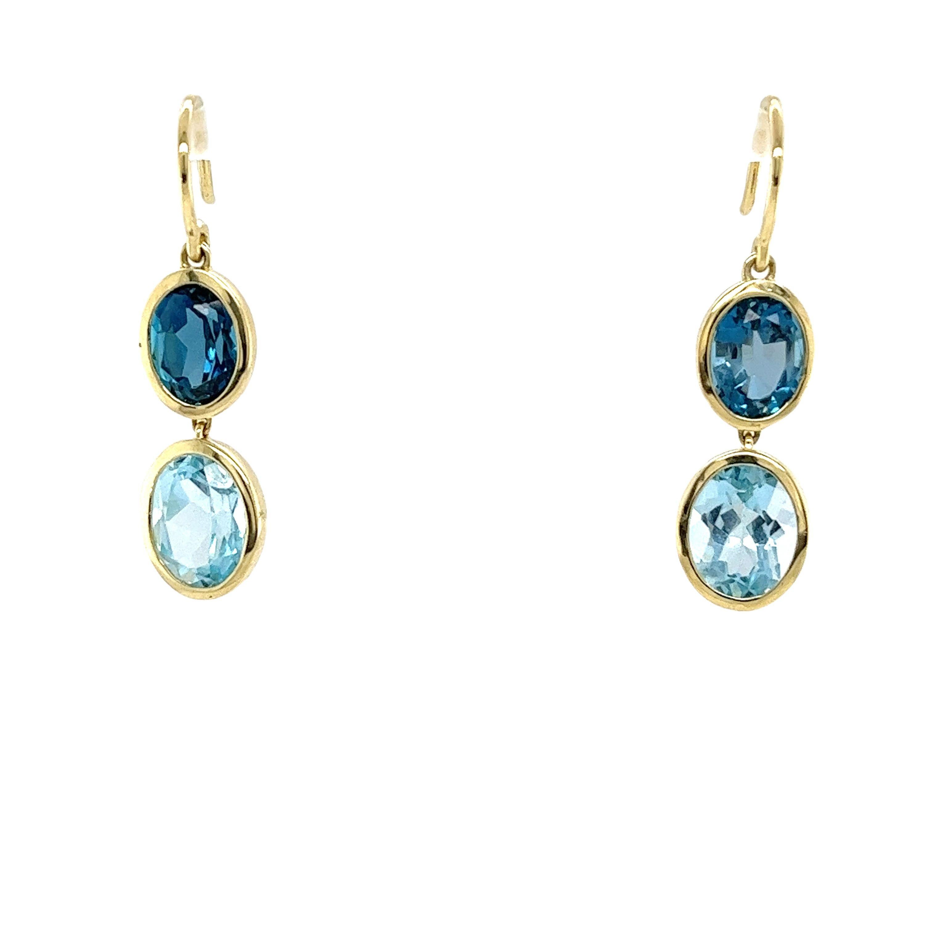 14ct Yellow Gold Blue Topaz, Amethyst and Diamonds Drop Earrings In New Condition For Sale In London, GB
