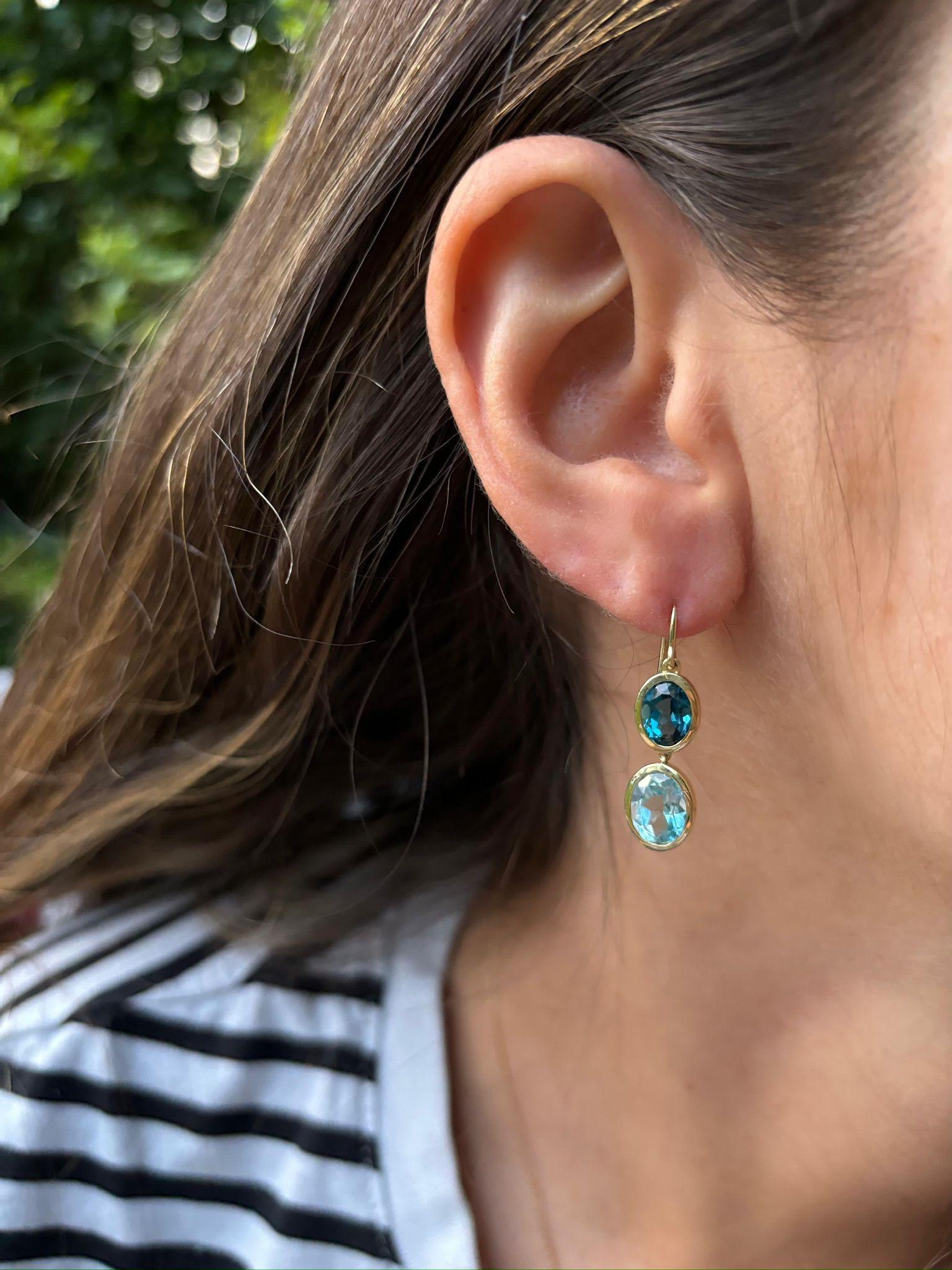 14ct Yellow Gold Blue Topaz, Amethyst and Diamonds Drop Earrings For Sale 1
