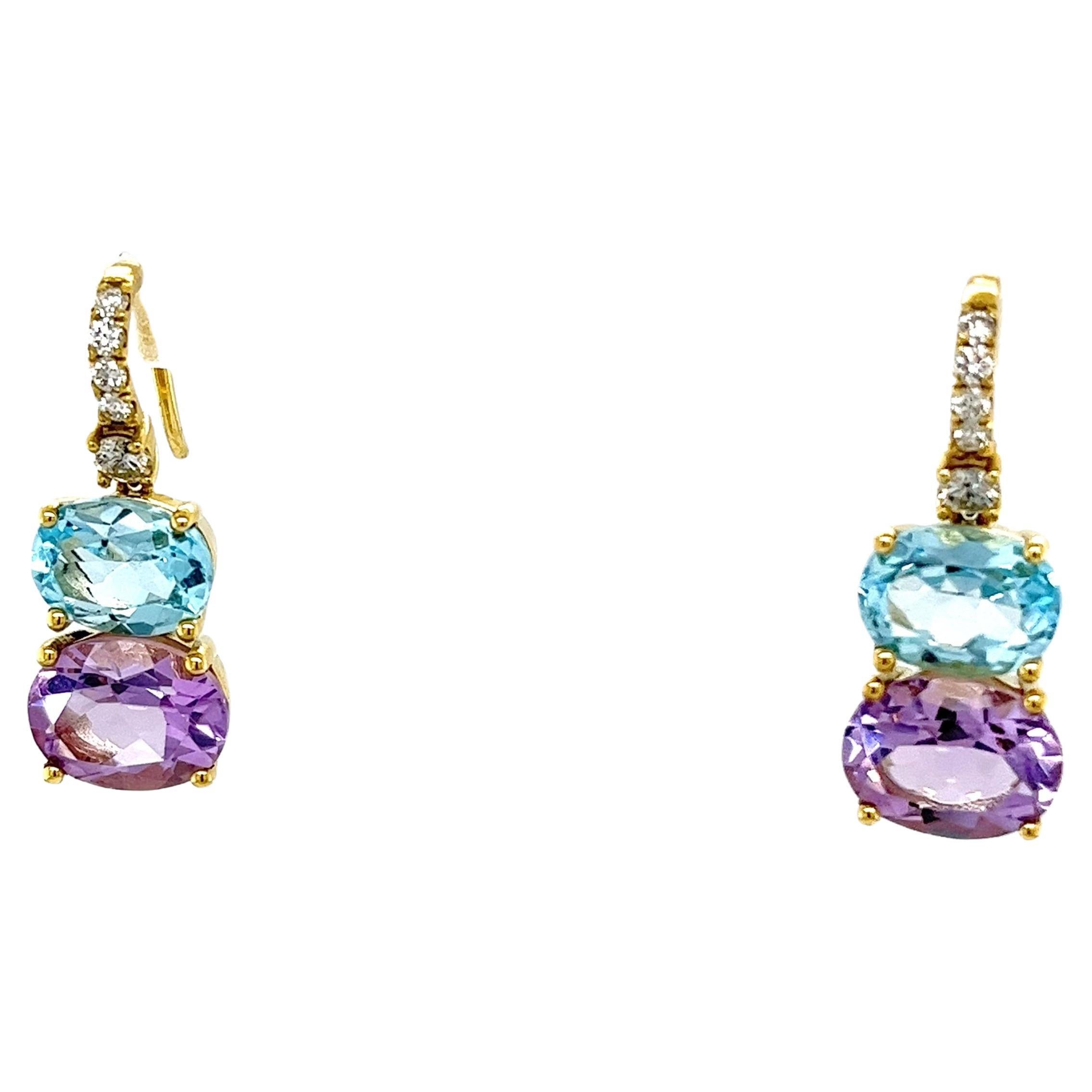 14ct Yellow Gold Blue Topaz, Amethyst and Diamonds Drop Earrings