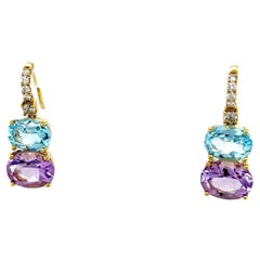14ct Yellow Gold Blue Topaz, Amethyst and Diamonds Drop Earrings