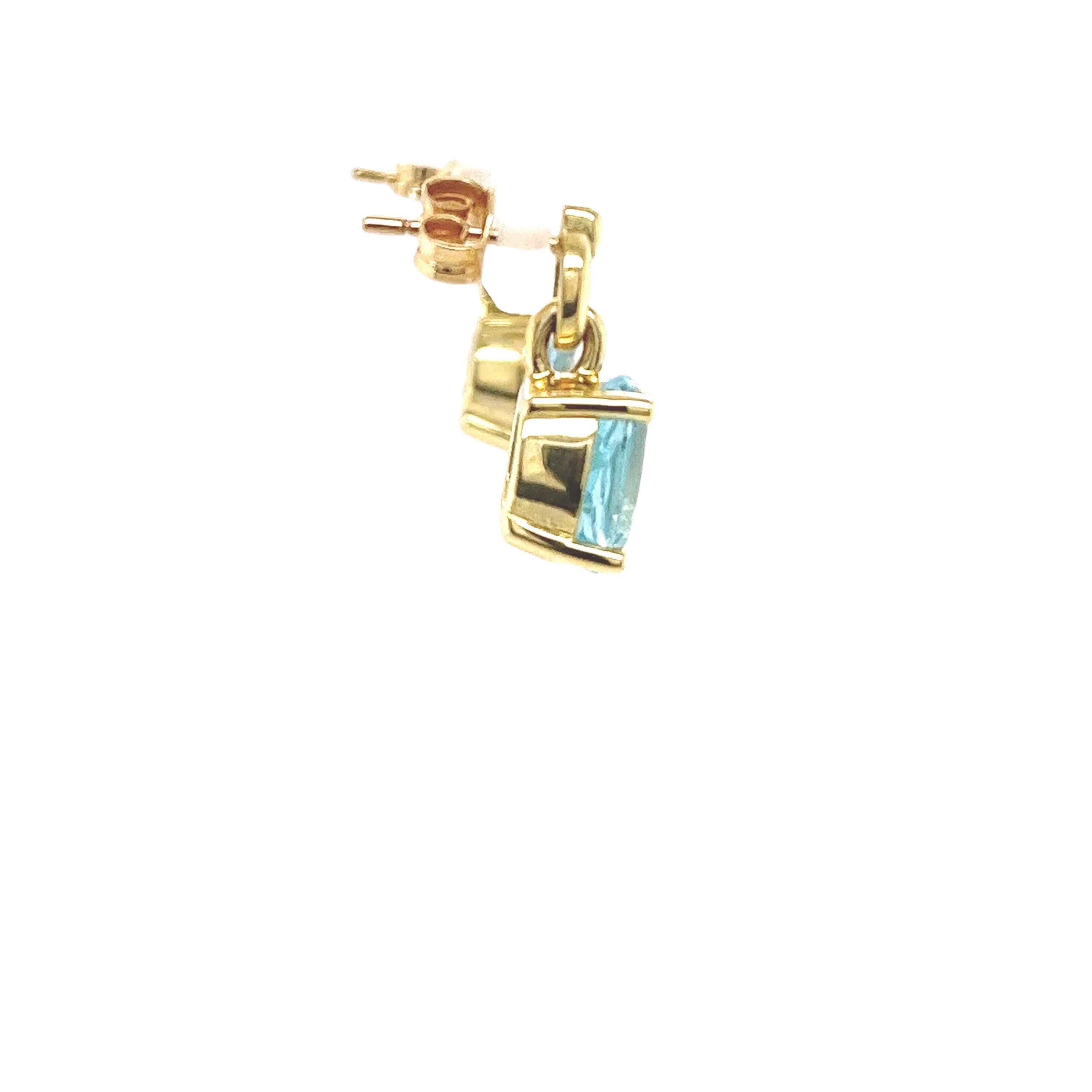 Enhance your jewellery collection with these stunning 14ct yellow gold drop earrings, 
featuring both blue topaz gemstones. 
These exquisite earrings showcase a harmonious blend 
of vibrant blue hues, creating a sophisticated and luxurious look.