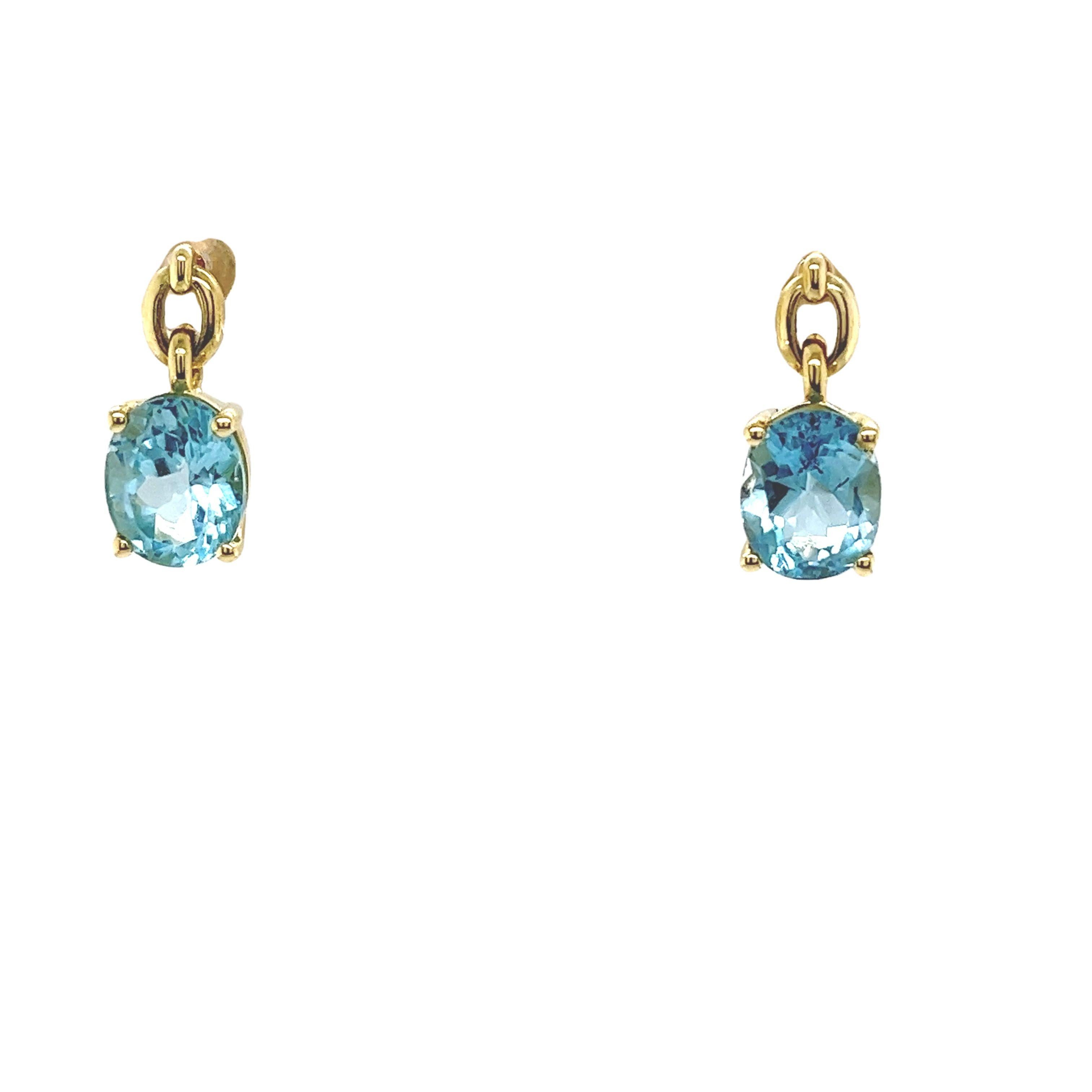 Women's 14ct Yellow Gold Blue Topaz Drop Earrings For Sale