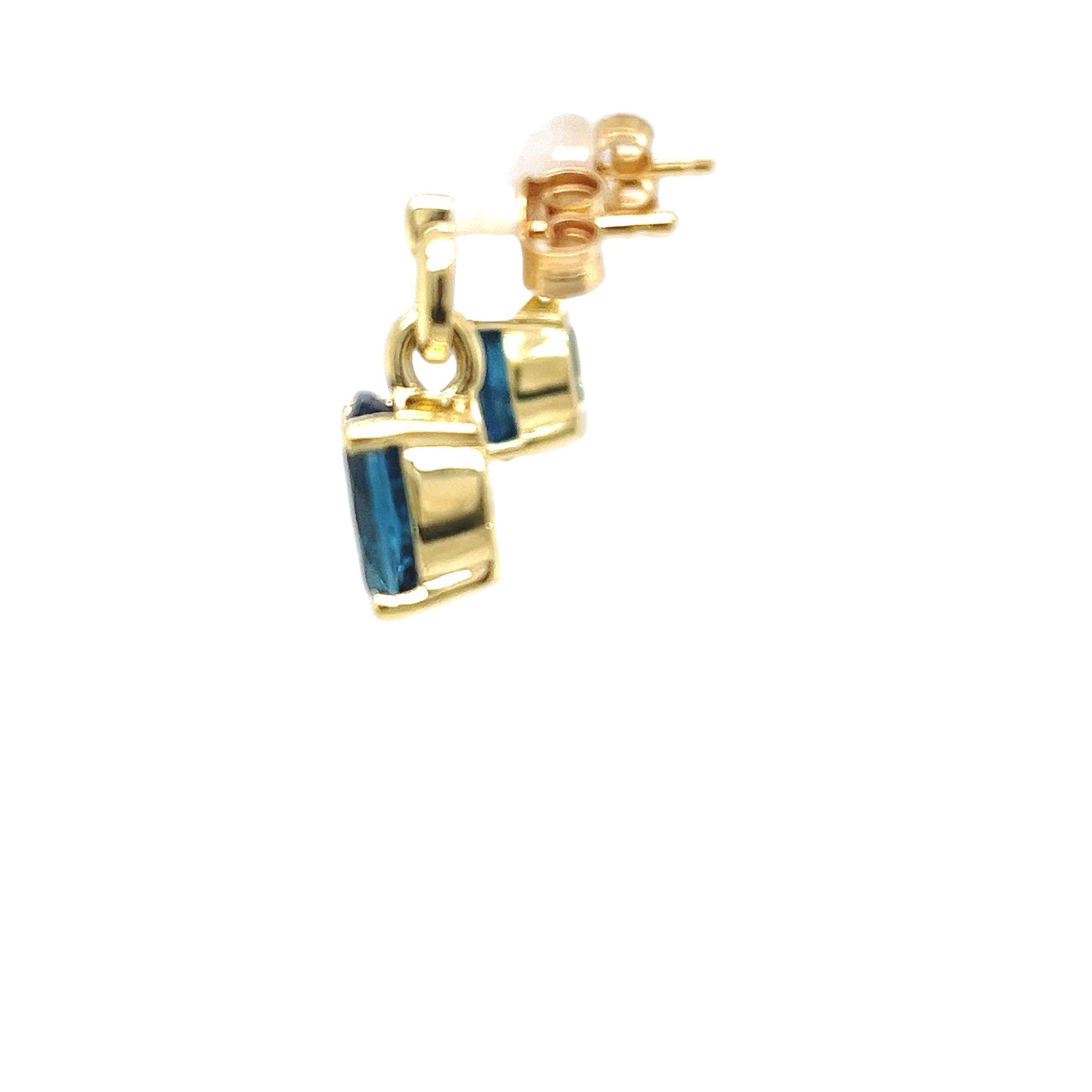Women's 14ct Yellow Gold Blue Topaz Drop Earrings For Sale