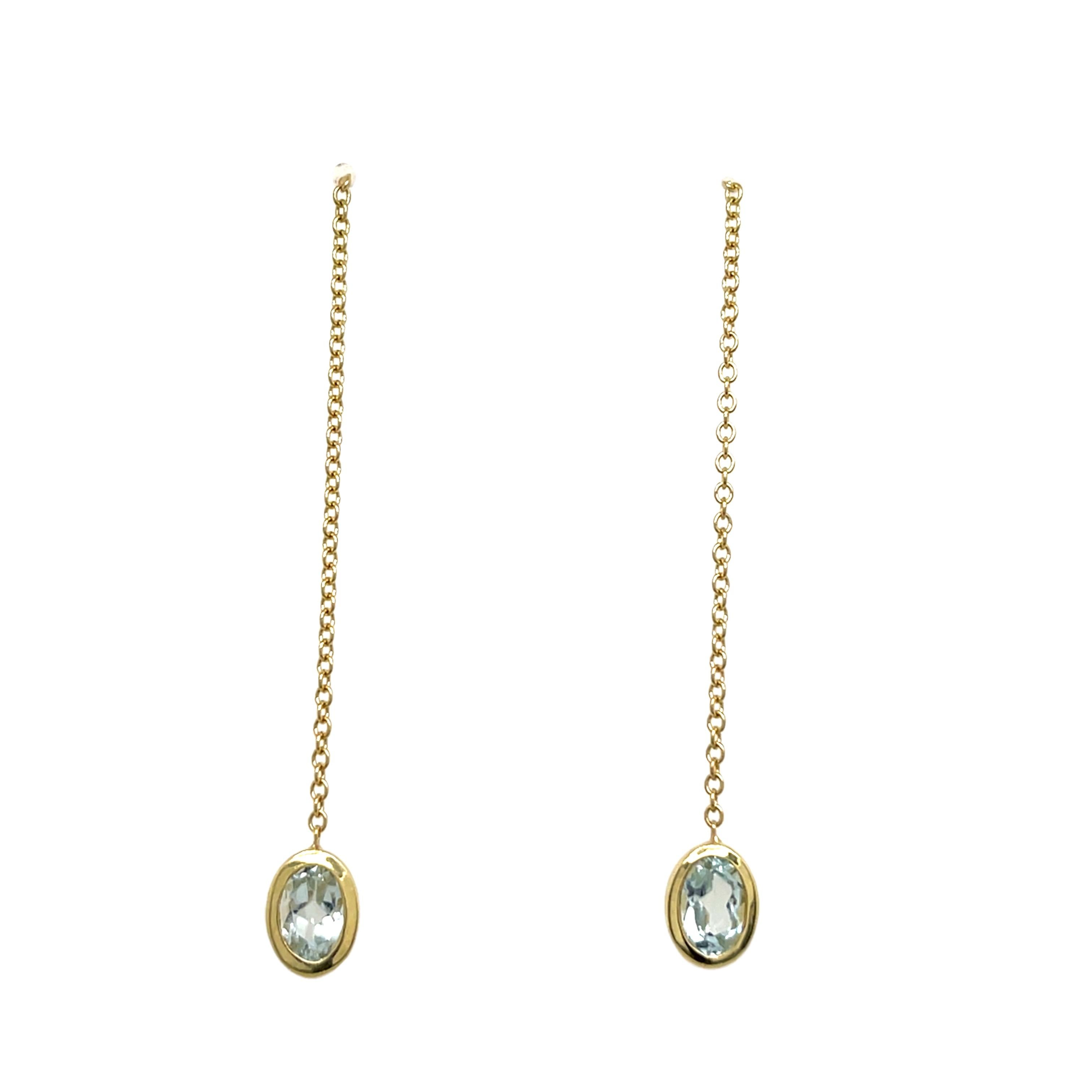 Pendientes de cadena de oro amarillo de 14 ct engastados con 2 aguamarinas ovaladas en Nuevo estado para la venta en London, GB