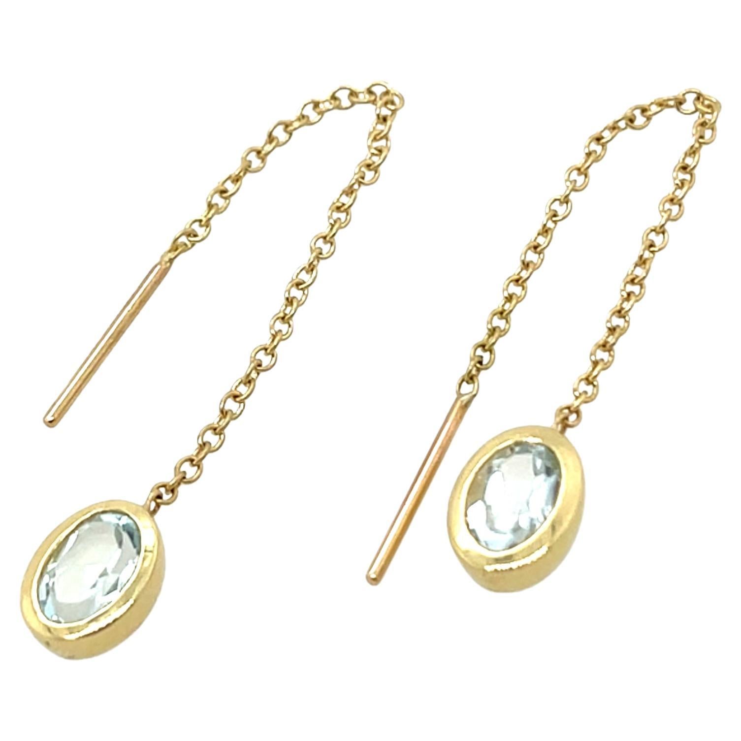 14ct Yellow Gold Chain Earrings Set With 2 Oval Aquamarines