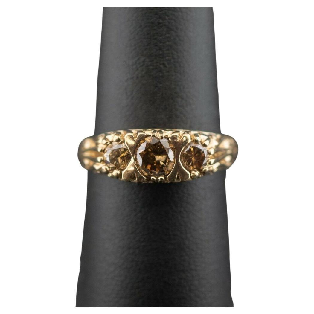 Round Cut 14 Carat Yellow Gold Champagne Diamond 0.90 TCW Trilogy Ring 4.5g Size P For Sale