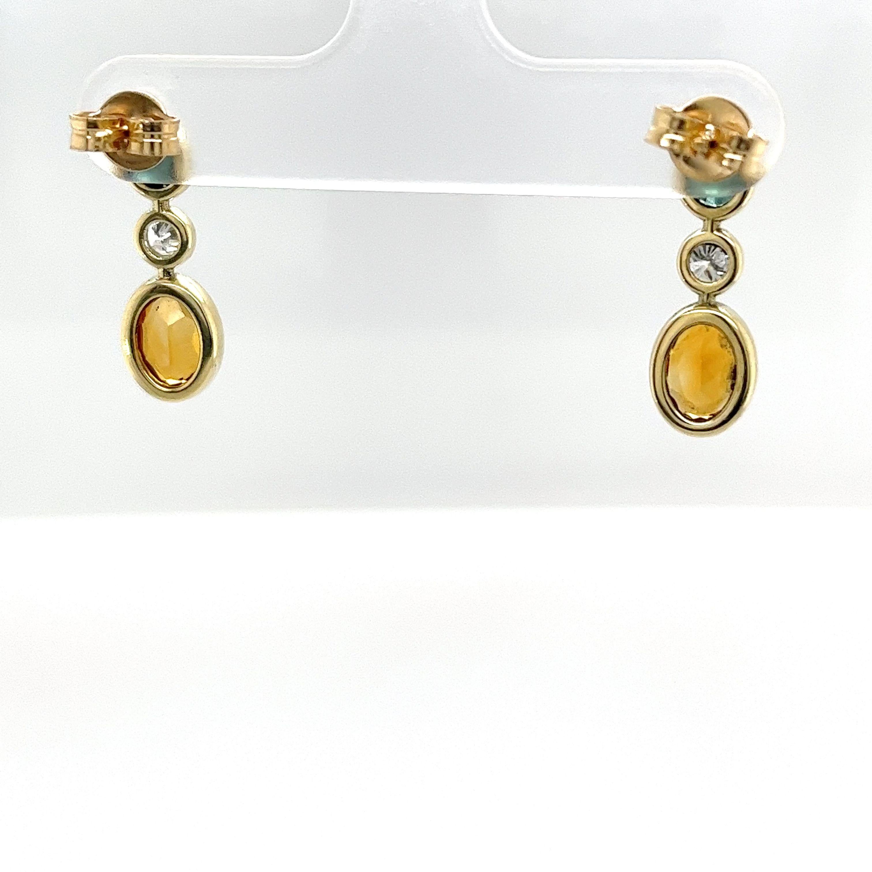 14ct Yellow Gold Citrine, Green Sapphire and Diamond Drop Earrings In New Condition For Sale In London, GB